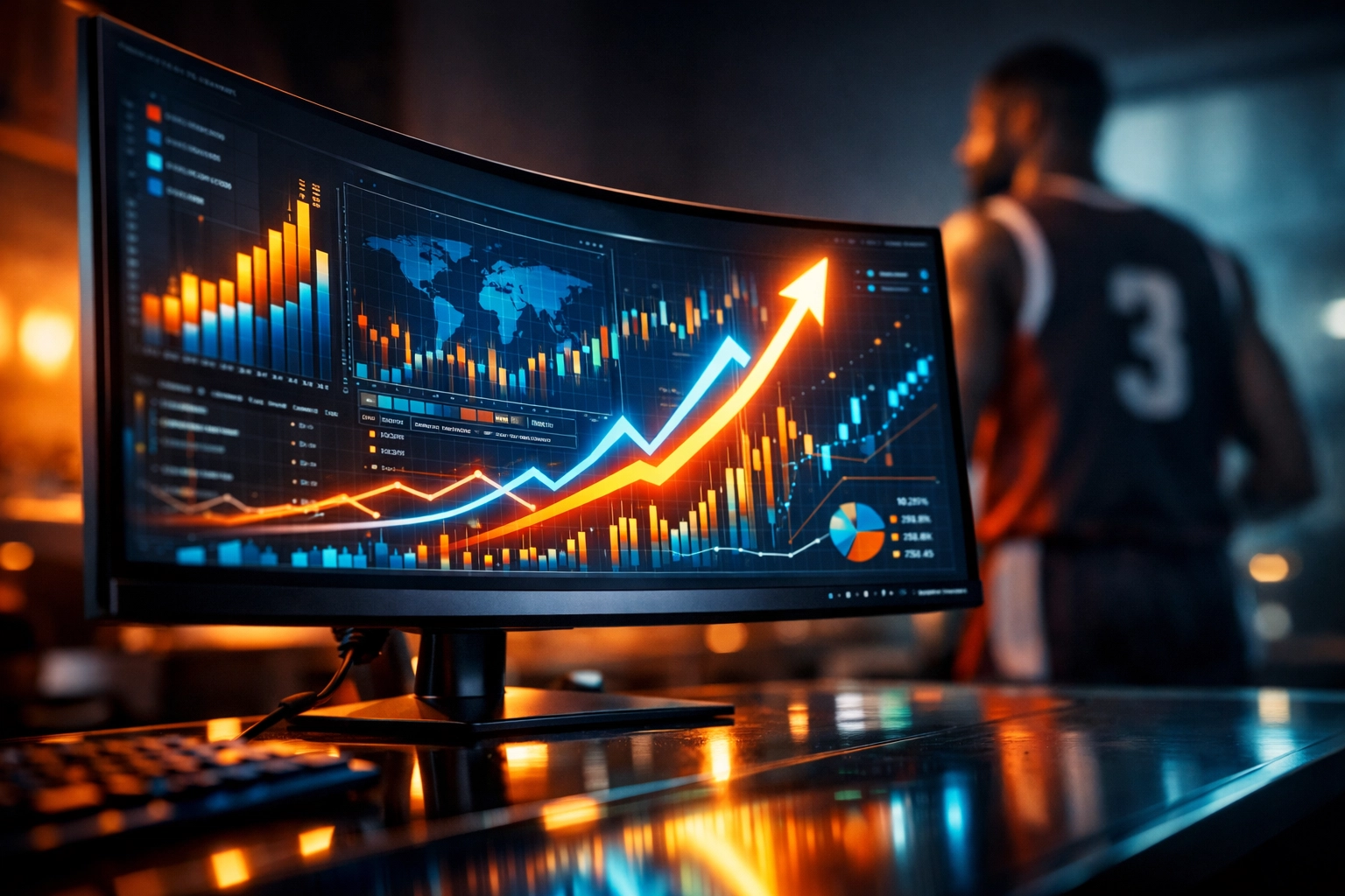 A digital marketing dashboard showing growth metrics and engagement rates for an athlete's NIL brand performance.