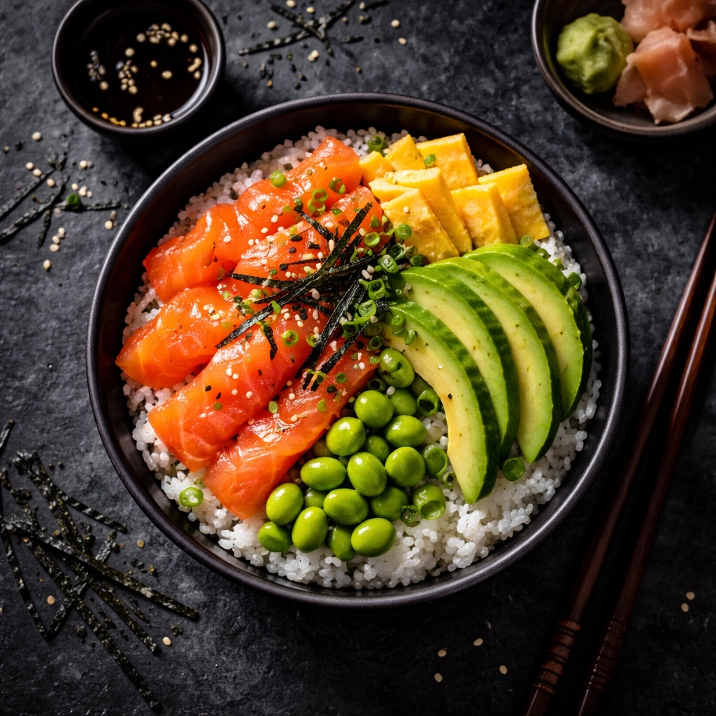 Chirashizushi Bowl mit Lachs, Avocado, Edamame und Tamagoyaki kunstvoll auf Sushi-Reis angerichtet