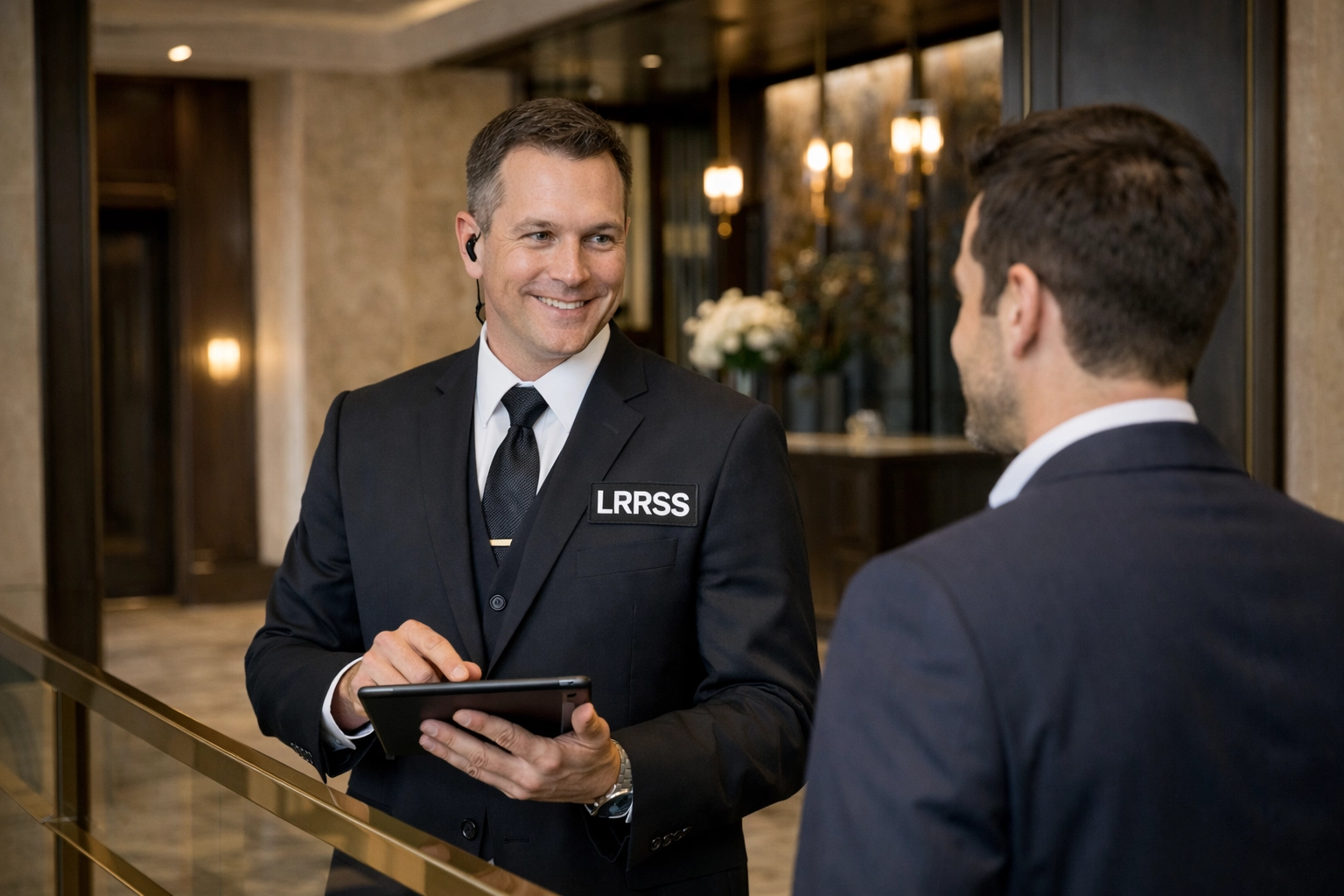 Concierge security officer conducting access control at luxury building entrance in London