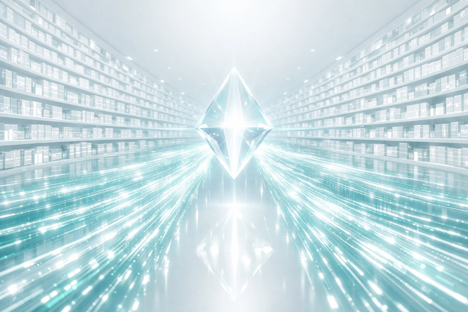 An infinite digital library symbolizing fast AI-powered research and verified search results.