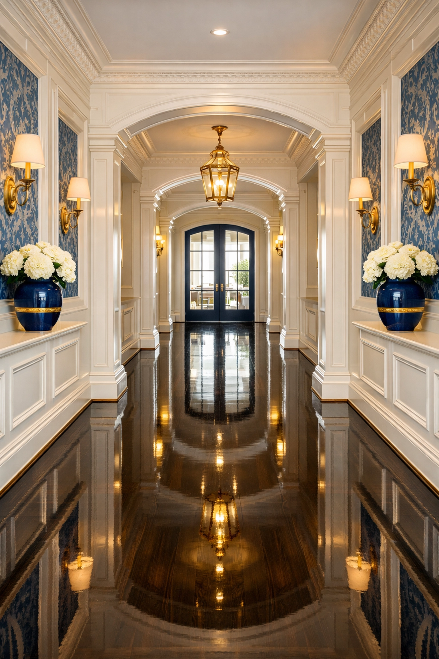 Shiny polished wood floors in a clean hallway, the result of expert house cleaning Lowell MA.