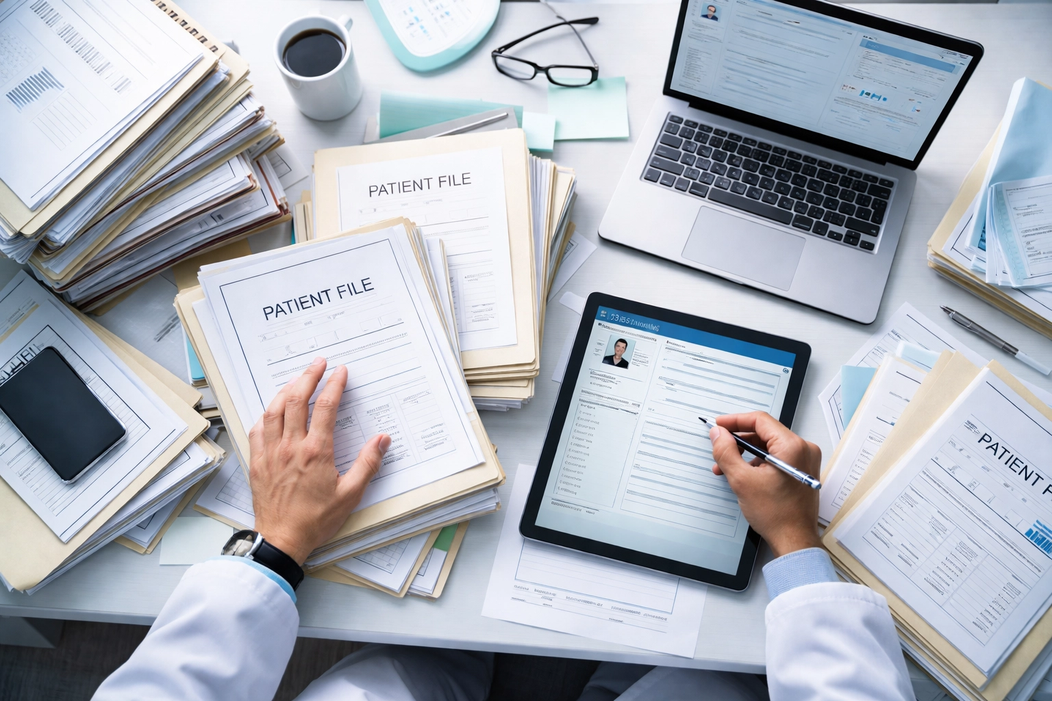 Overwhelmed clinician’s desk with patient folders and technology, illustrating unsustainable workloads and documentation challenges.