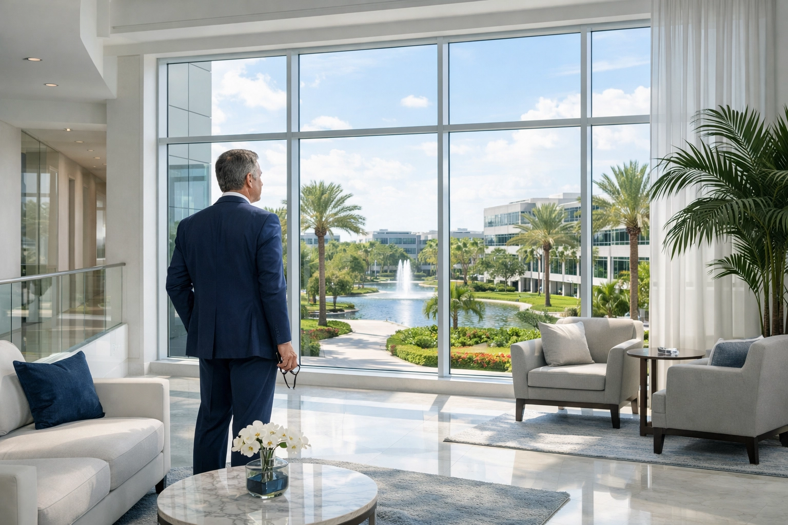 A professional considering 401(k) rollover paths and retirement planning in Wesley Chapel FL office lobby.