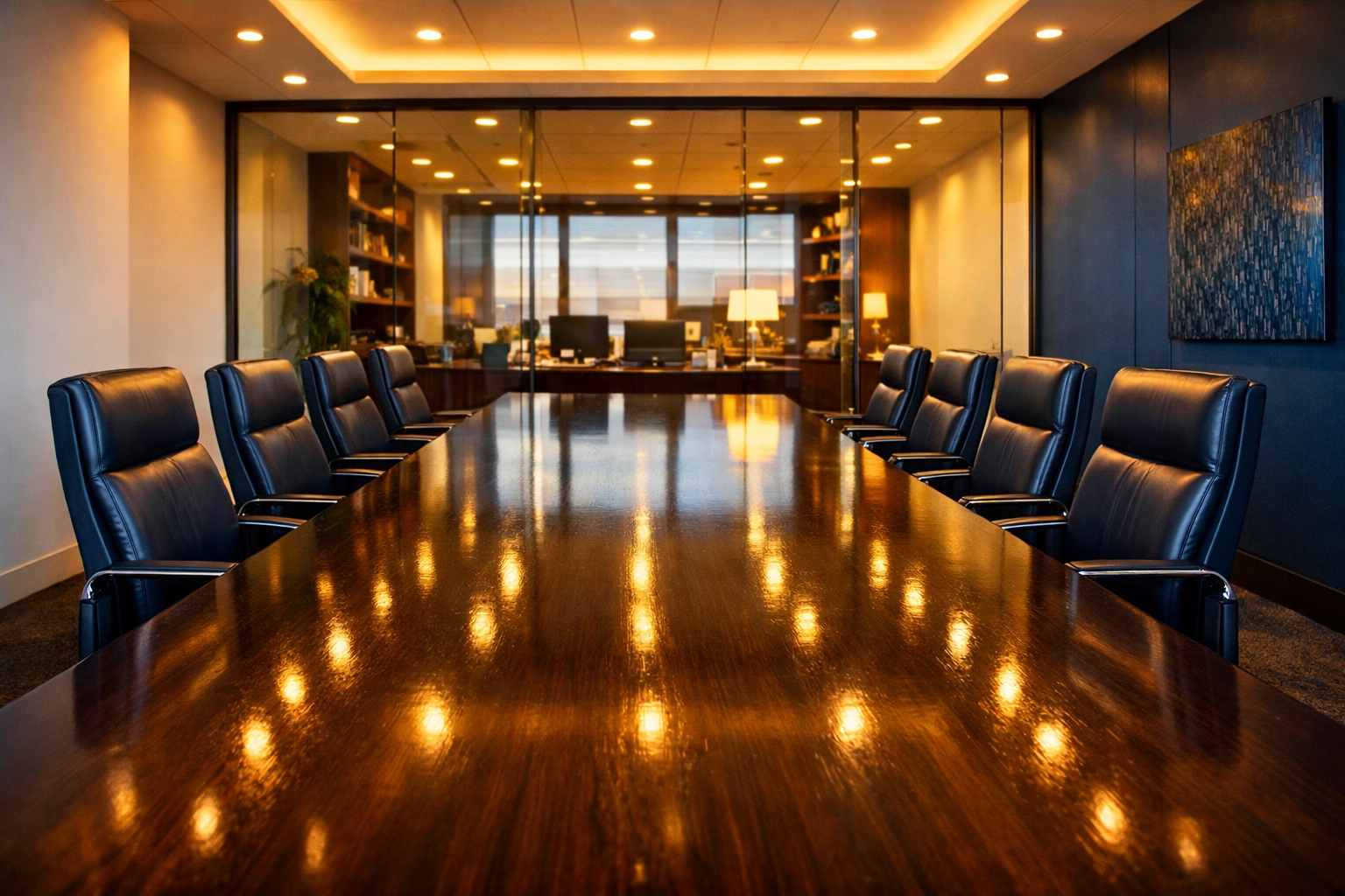 Spotless executive boardroom with a polished oak table and streak-free glass partitions in a Boston law office.