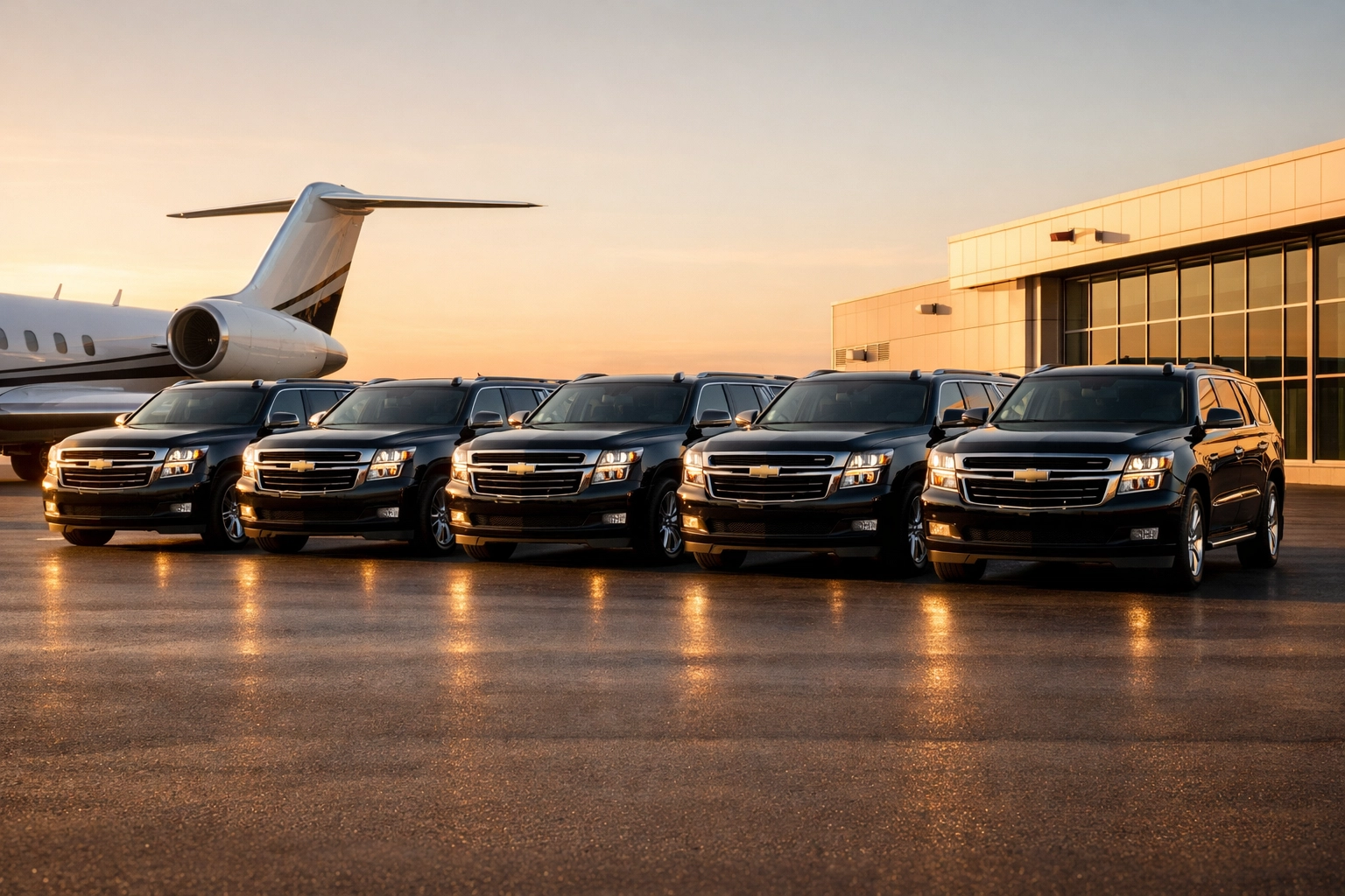A fleet of black executive SUVs providing VIP transportation at a private airport terminal.