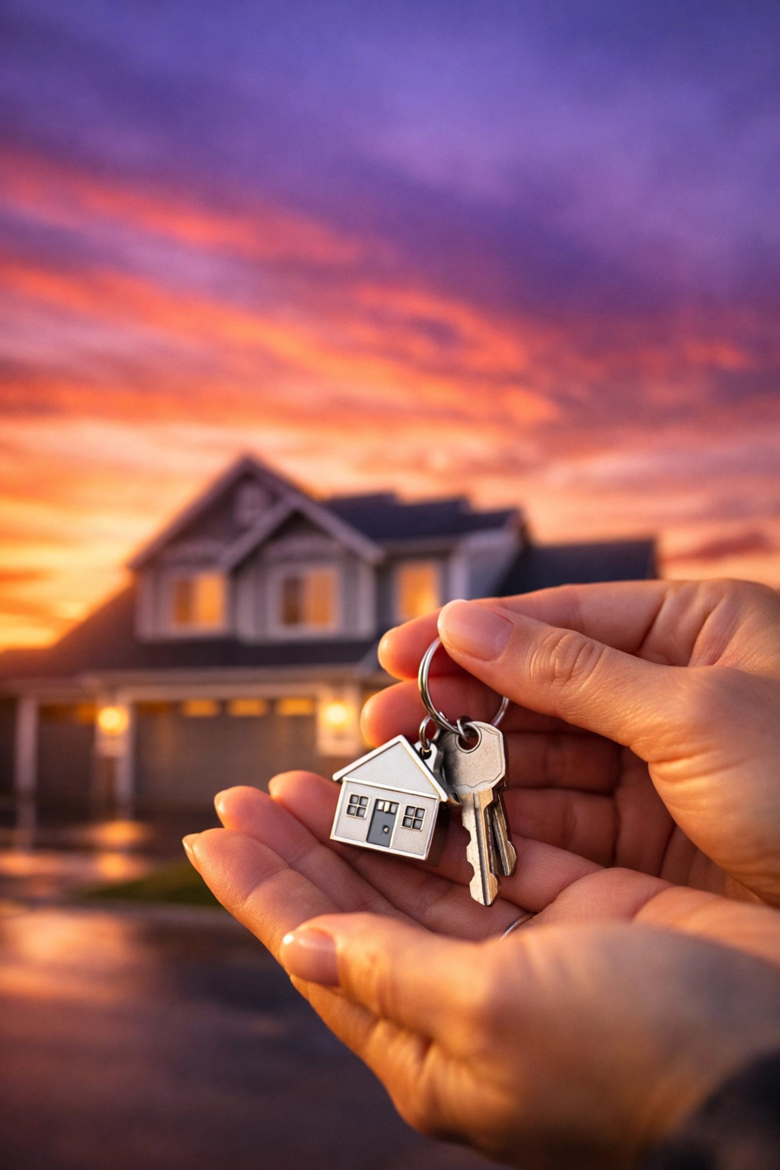 Real estate agent holding house keys in front of a suburban home during an Oklahoma sunset.