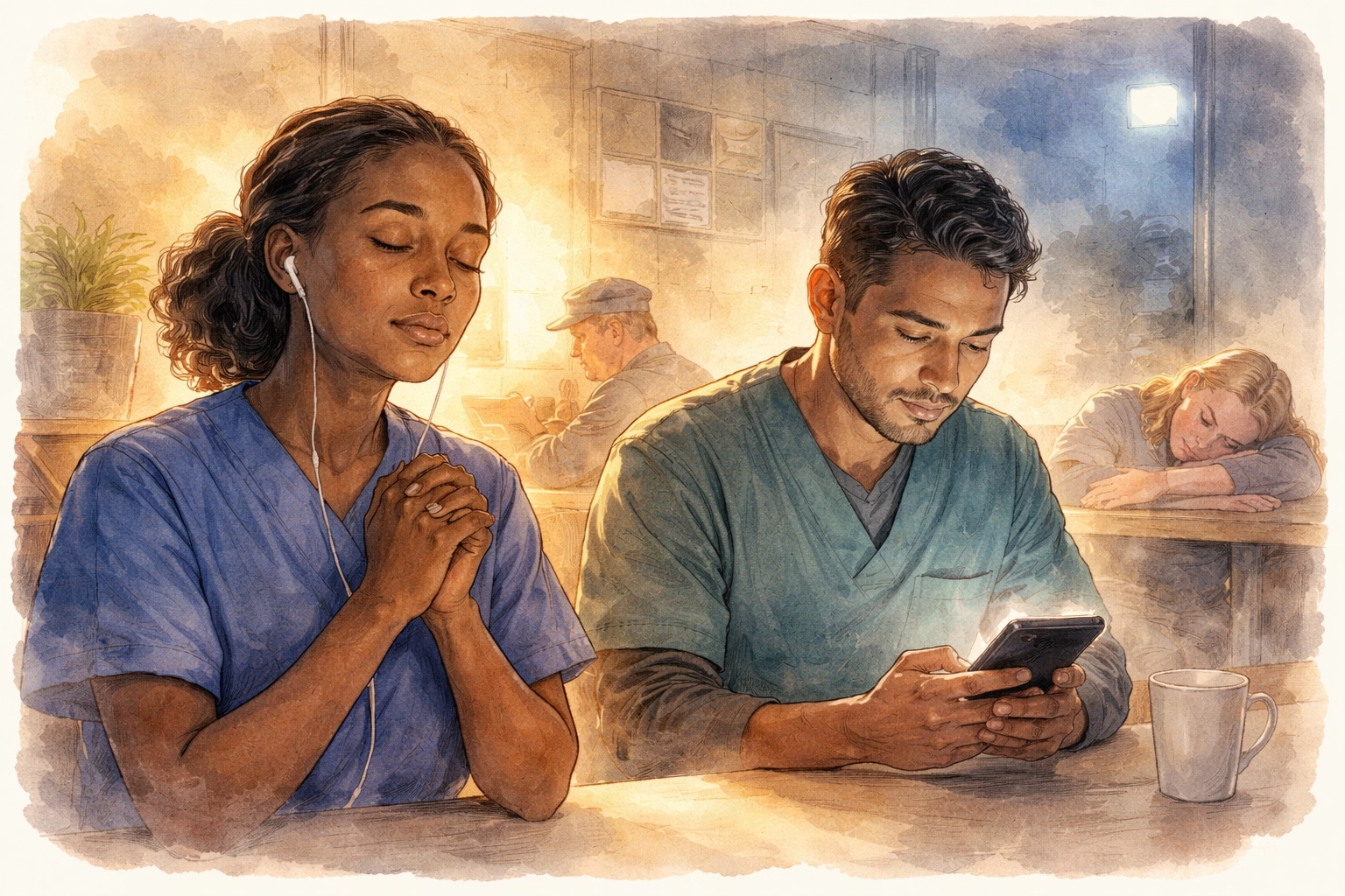 Diverse night shift workers worship and pray quietly during a late-night break, illustrating faith in the workplace.