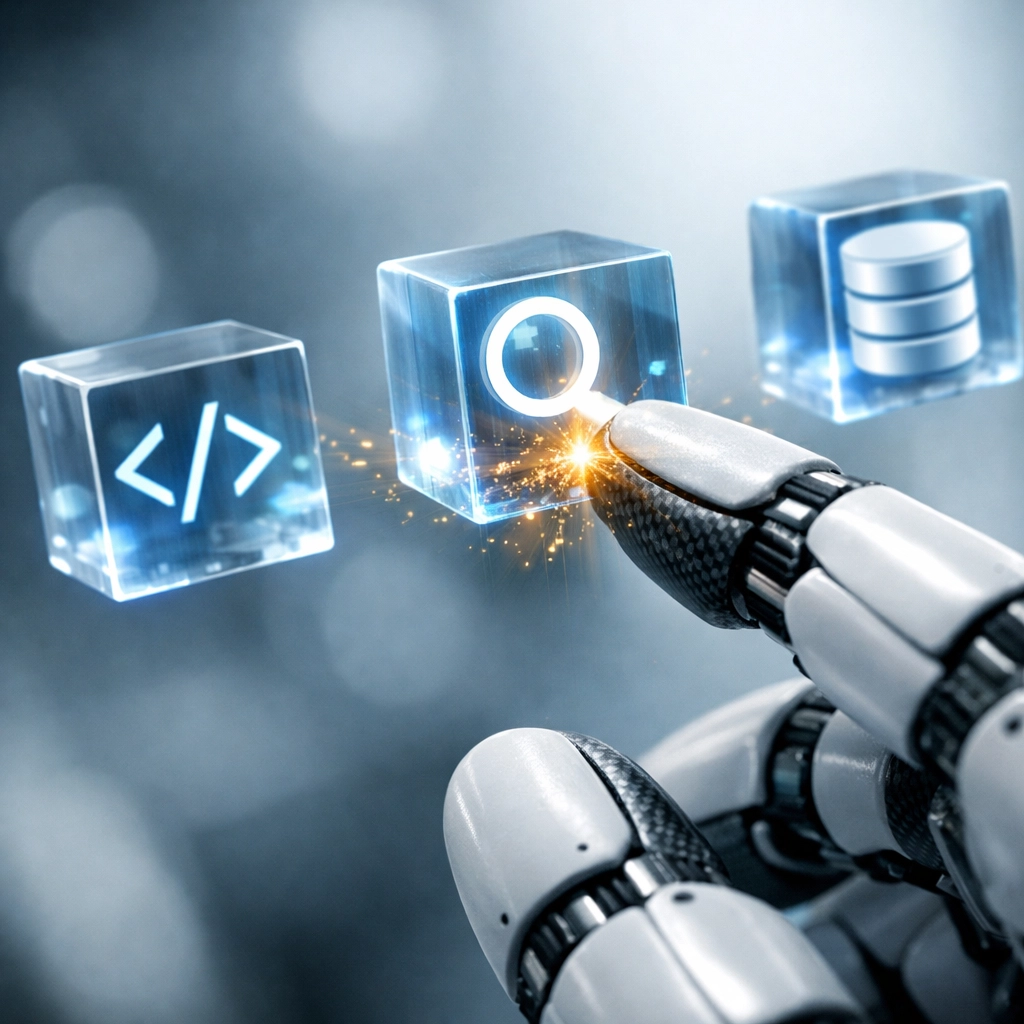 A robotic hand interacting with digital icons representing AI tool integration and function calling.
