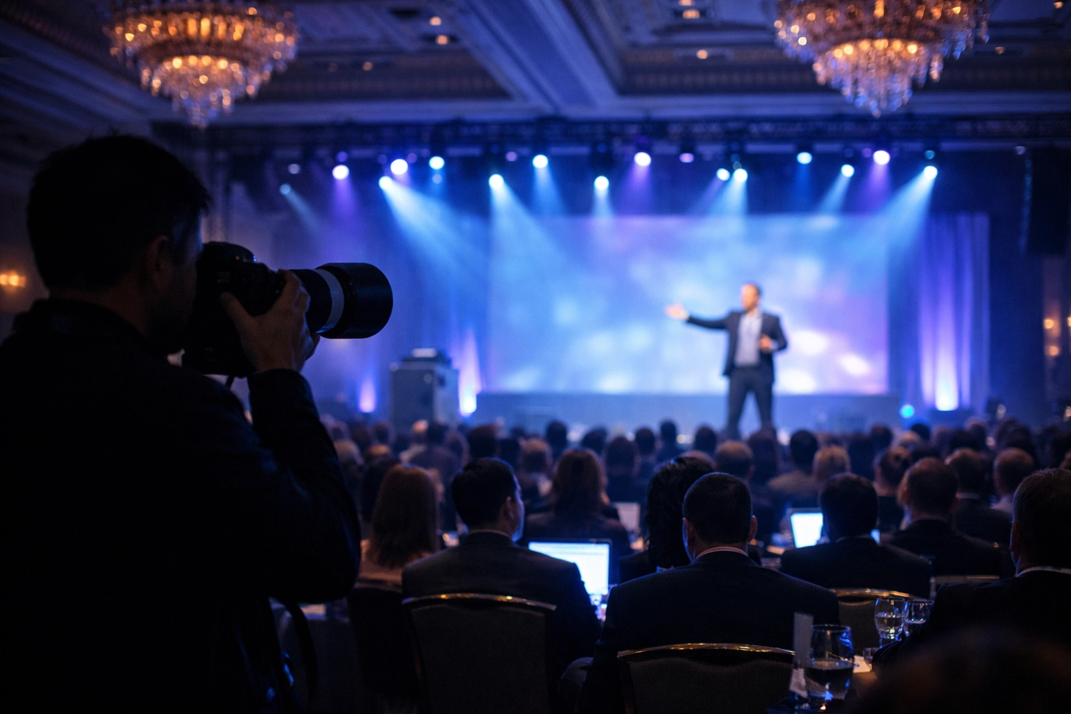 NYC conference photographer capturing a corporate keynote in a large Manhattan ballroom.