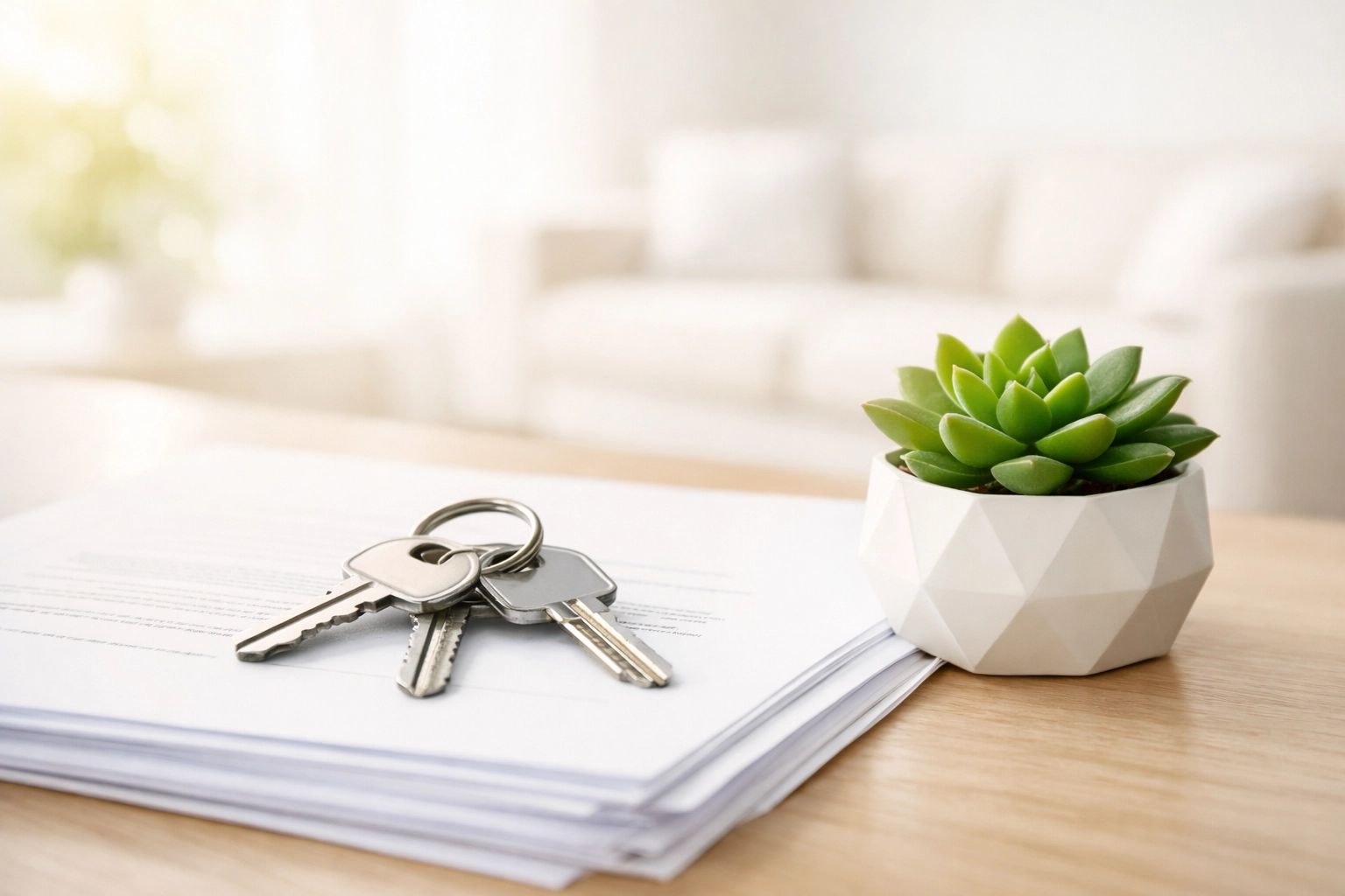 House keys on investment loan paperwork in a sun-drenched room, representing real estate success.