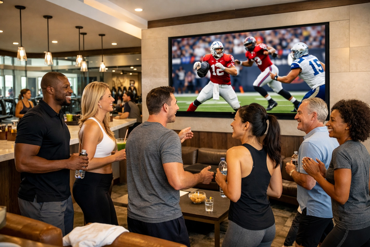 Active consumers in a fitness center lounge engaged with digital out-of-home sports advertising content.