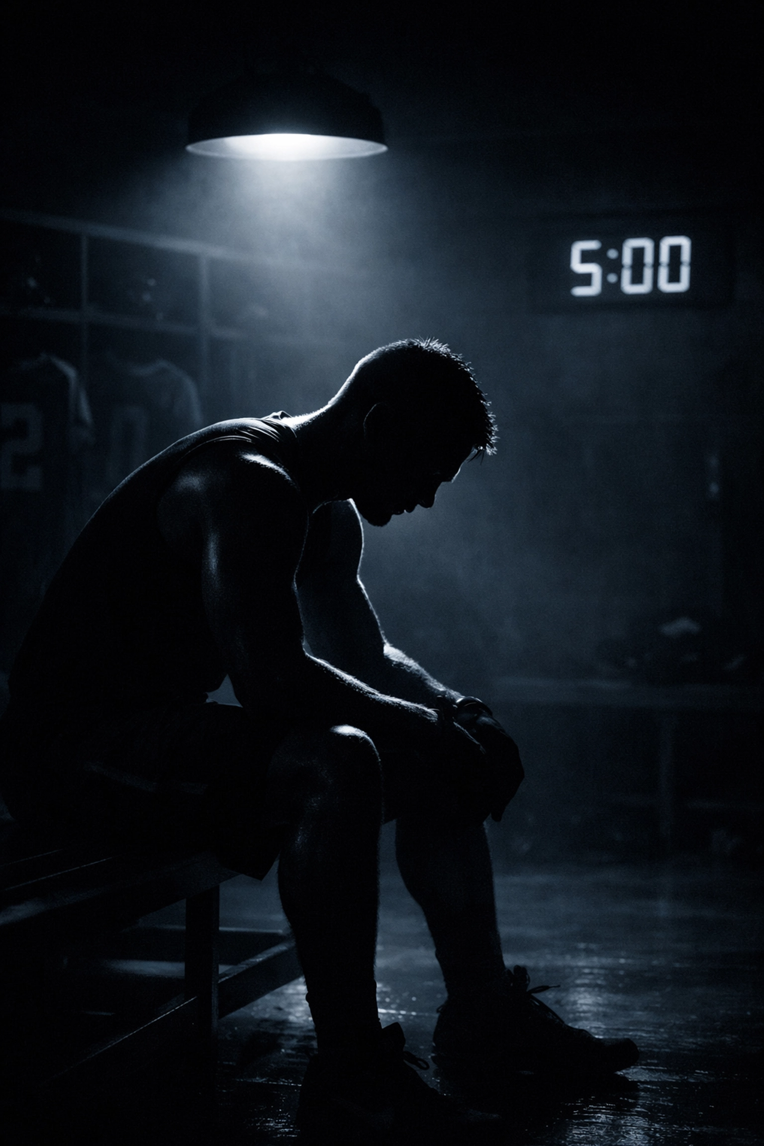 College football player at 5 AM in locker room preparing for early morning practice
