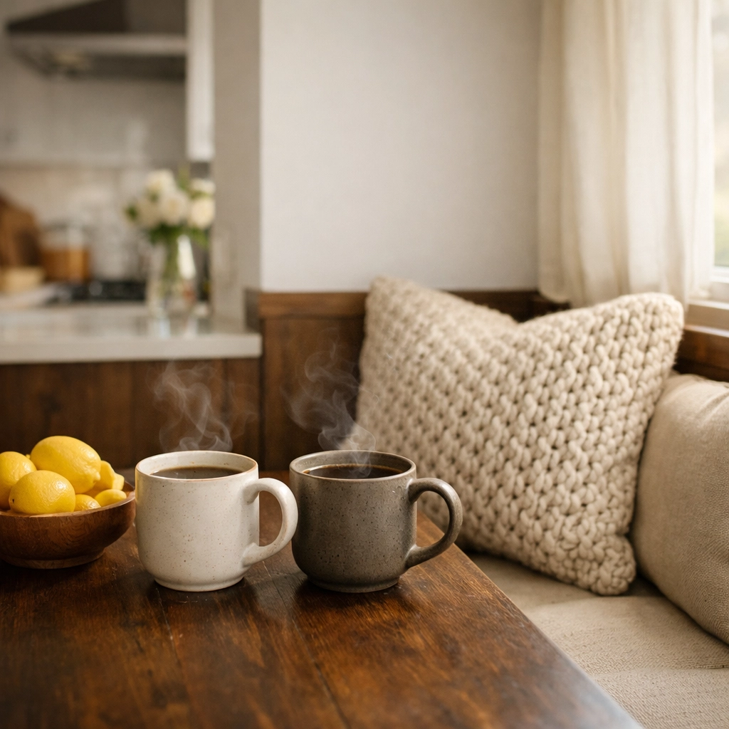 Cozy breakfast nook transformation with wood table, coffee mugs, and stylish neutral decor.