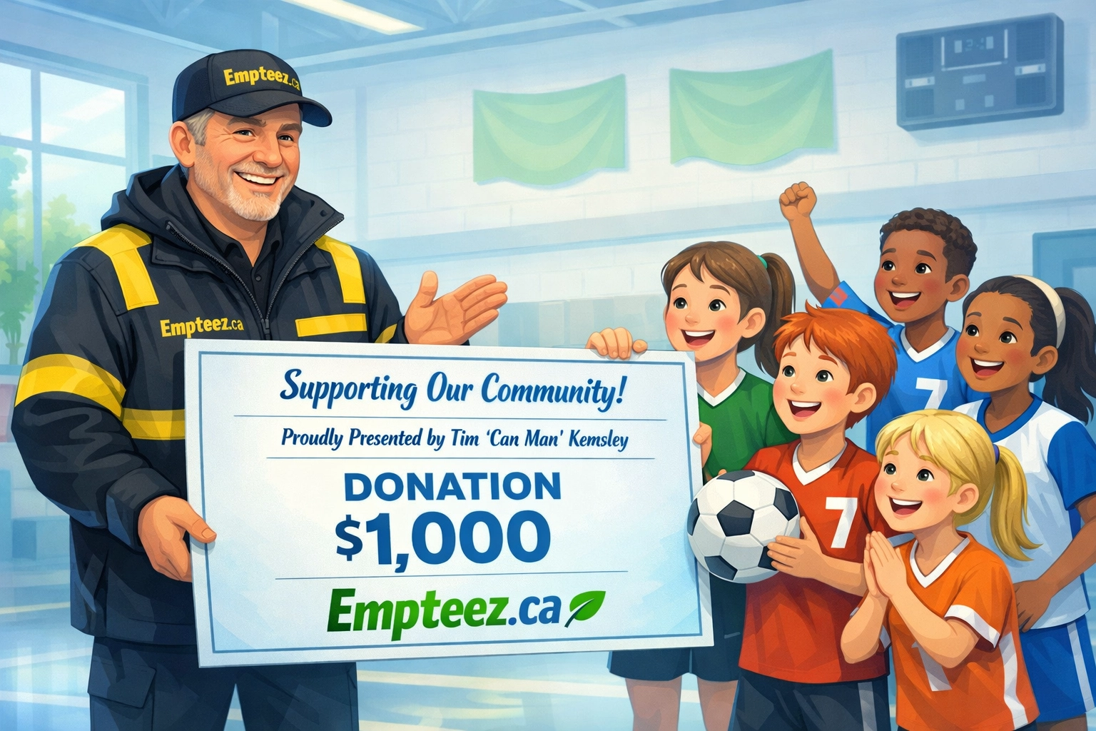 Tim “Can Man” Kemsley presenting an Empteez.ca donation credit to a community sports team