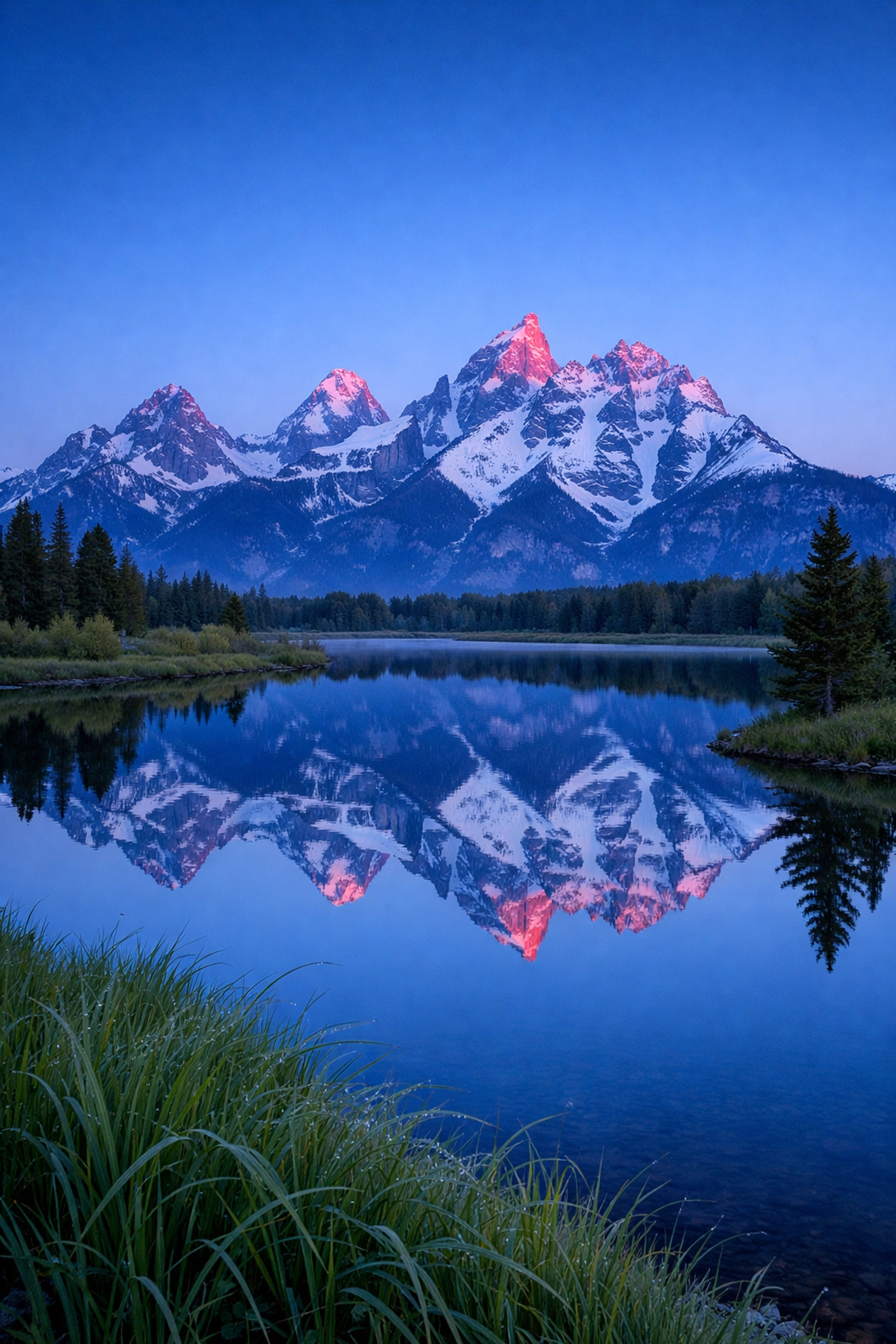 Grand Teton peaks reflected in the Snake River at Oxbow Bend, a top landscape photography location.
