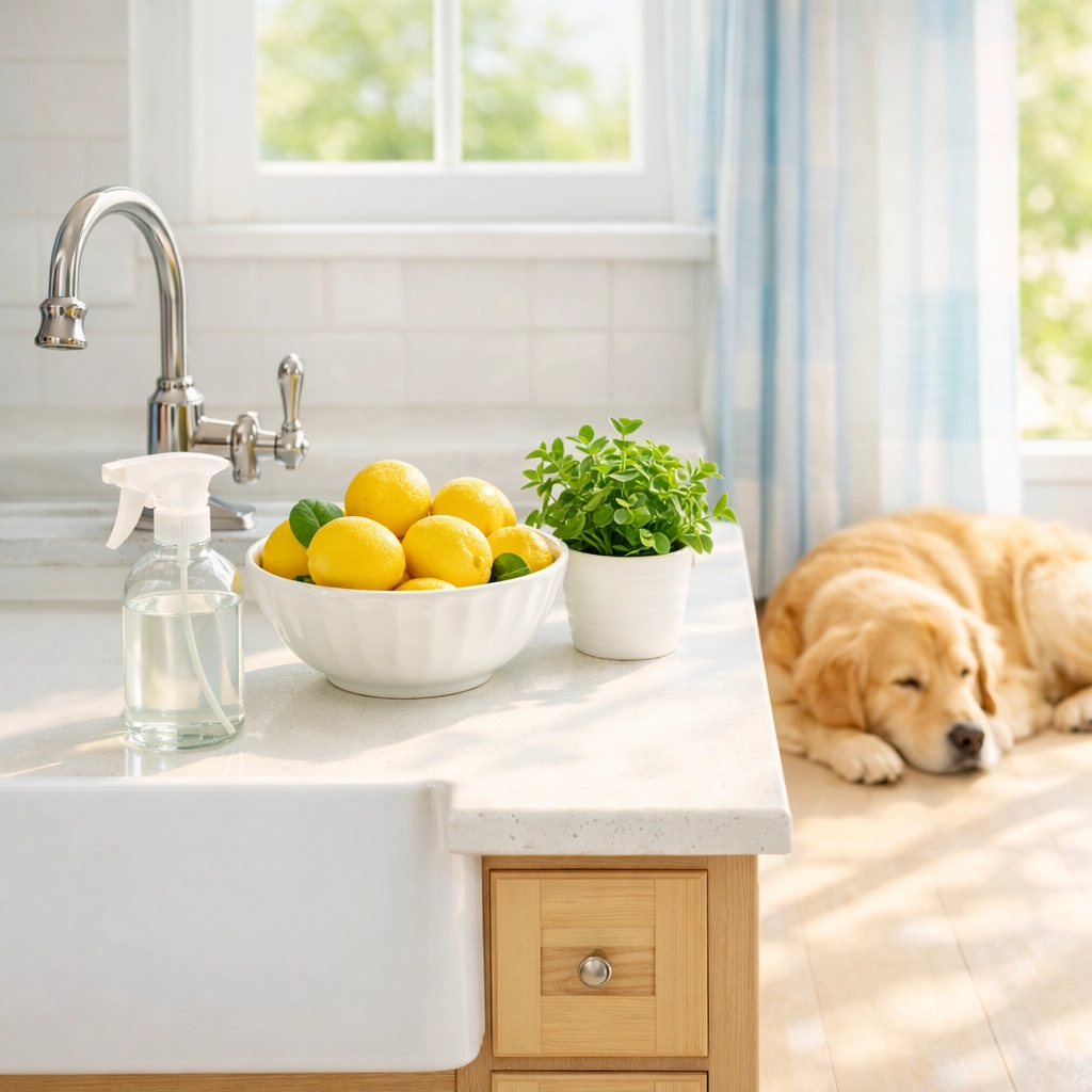 Pet-safe and eco-friendly residential cleaning in a modern Duxbury kitchen with spotless quartz countertops.