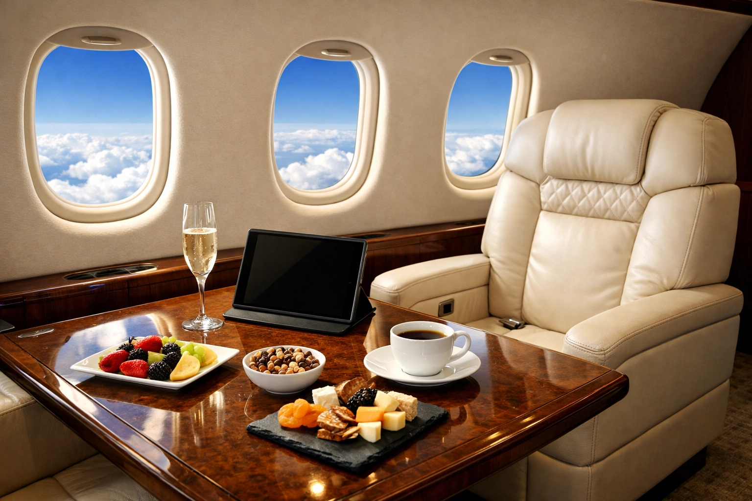 Luxury private jet cabin prepared for executive travel management and VIP corporate guests attending the Super Bowl.