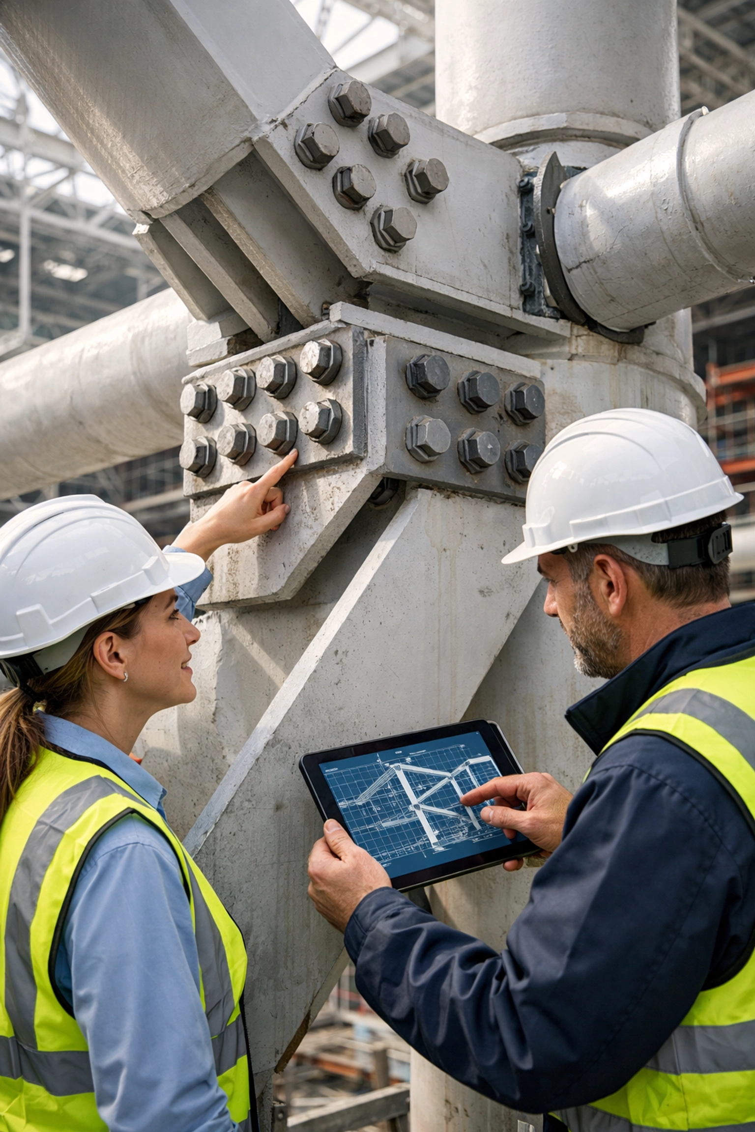 Construction professionals verifying structural steel quality during a financier site inspection.