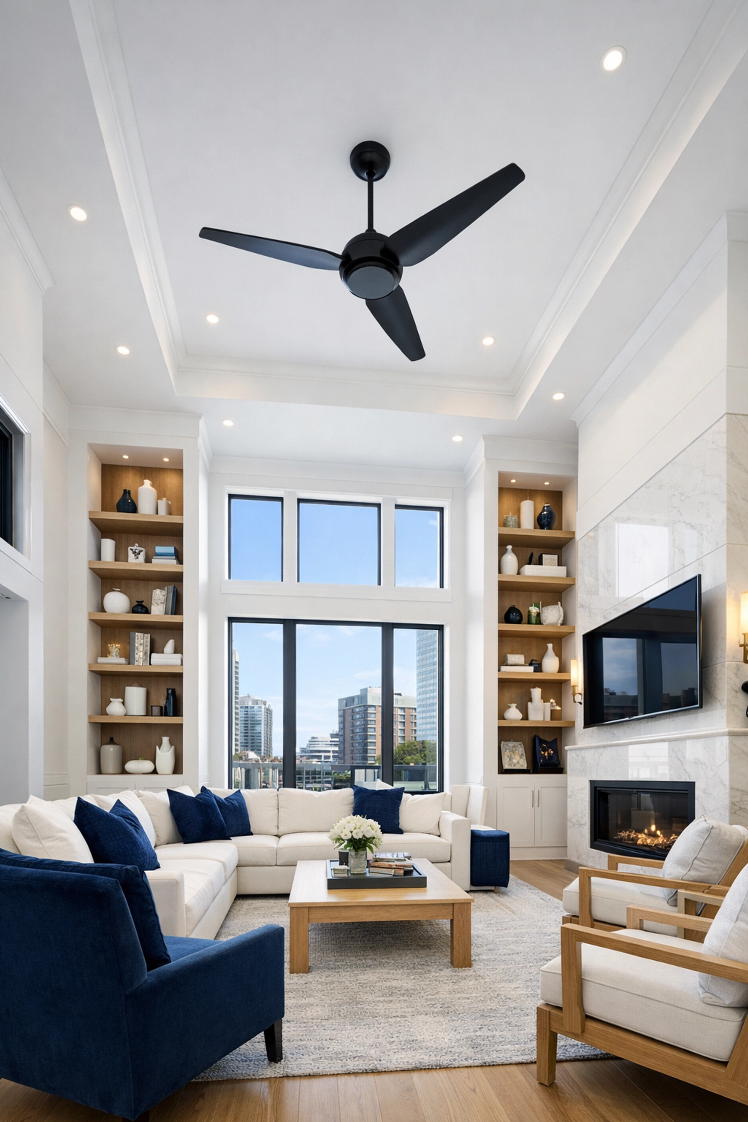 Professional deep cleaning services showing a top-to-bottom clean of a high-ceiling Boston living room.