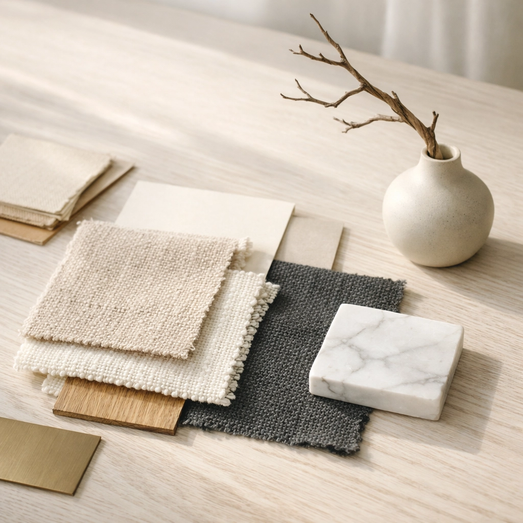 Interior design mood board with neutral fabric swatches and marble on a white oak table by Modernize Methods.