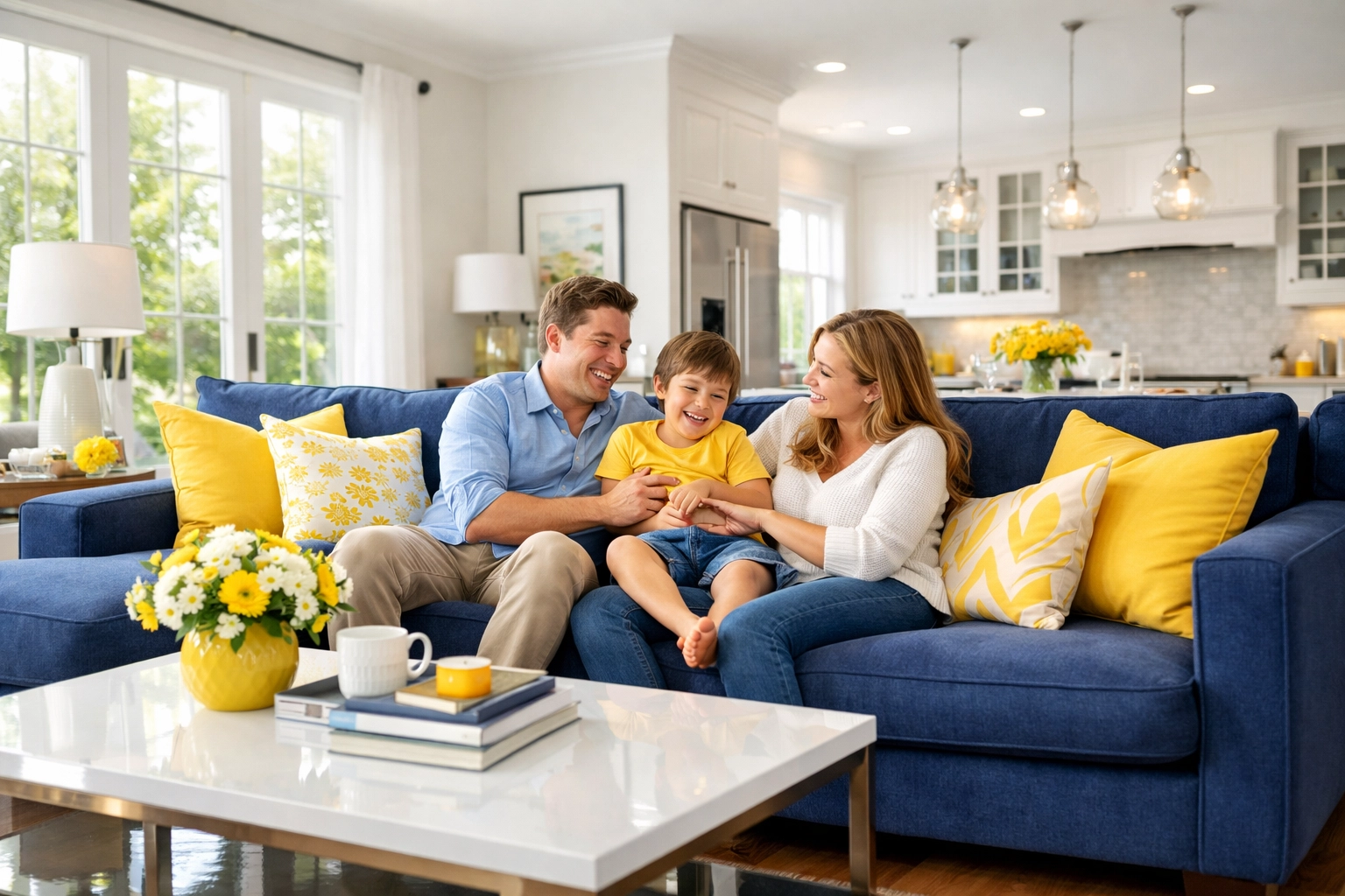 Family relaxing in a dust-free Massachusetts living room cleaned by professional deep cleaning services.