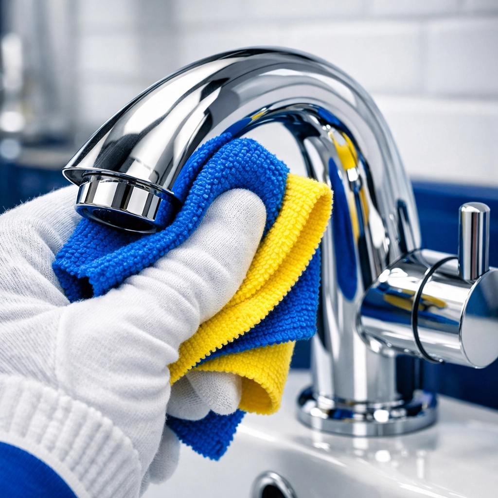 Professional cleaner in Wayland, MA polishing a chrome bathroom fixture to a spotless shine.
