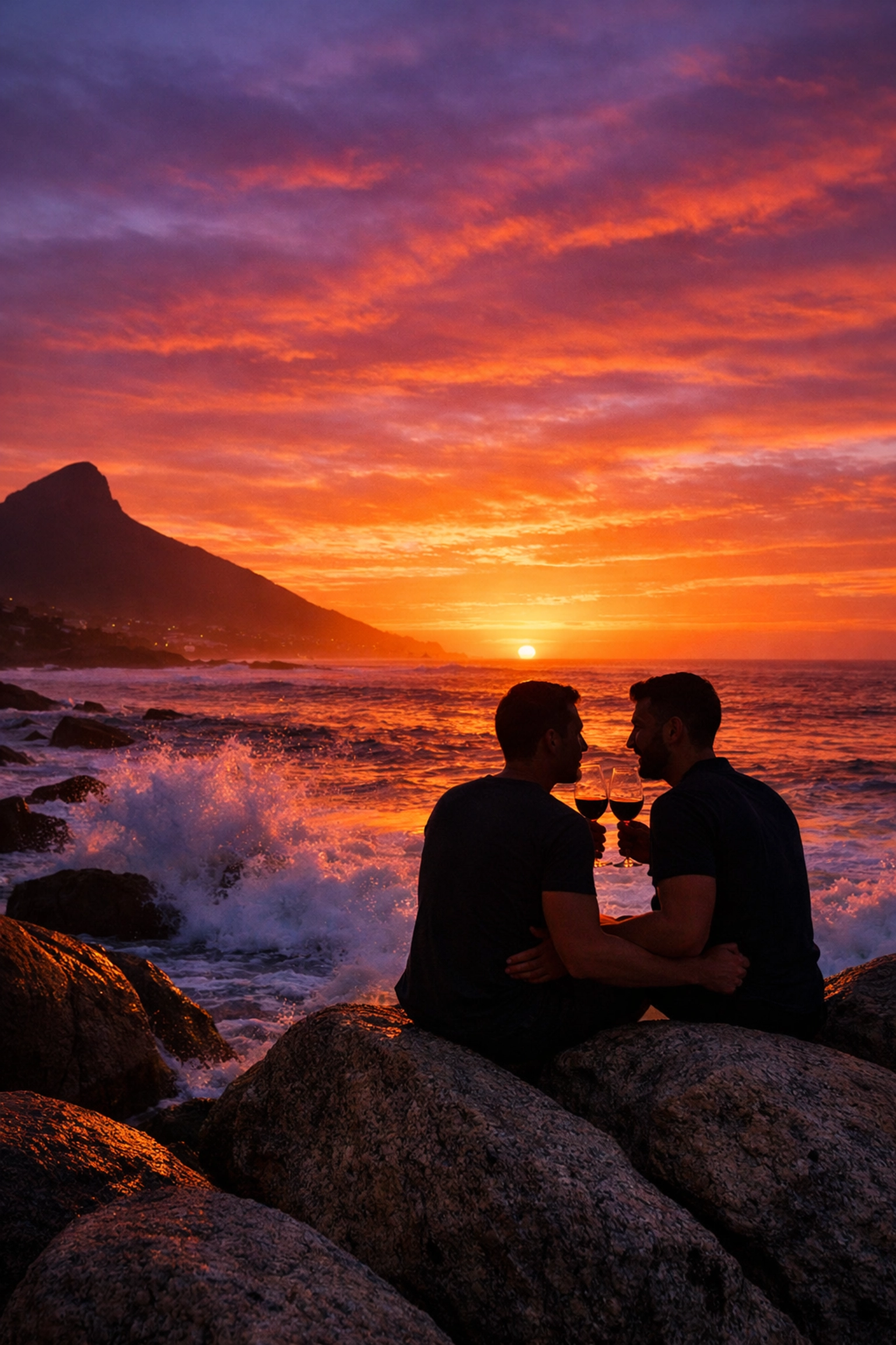 Gay couple enjoying romantic Valentine's sunset on Cape Town beach with wine