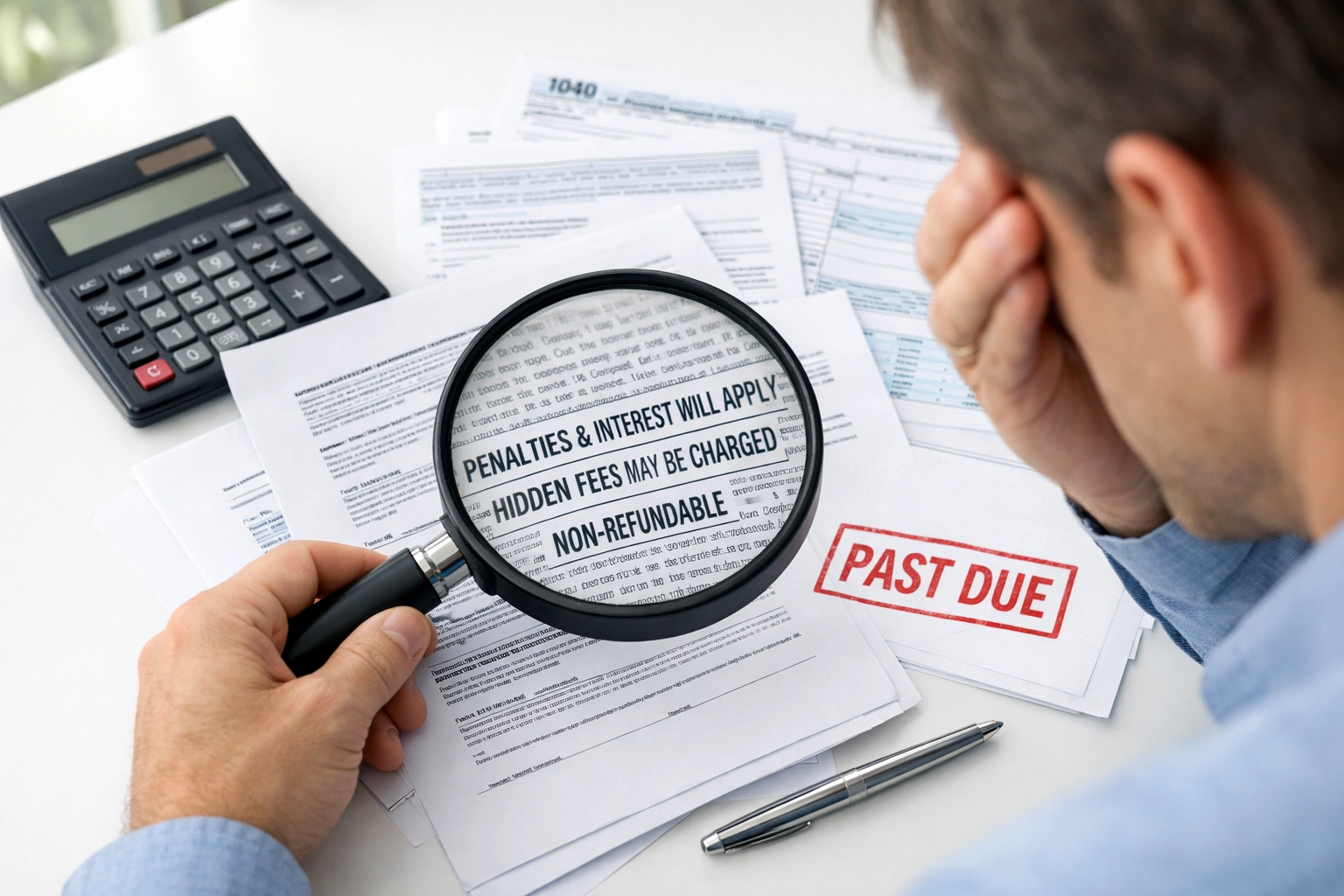 Person reviewing tax documents with magnifying glass to identify tax preparer scam warning signs