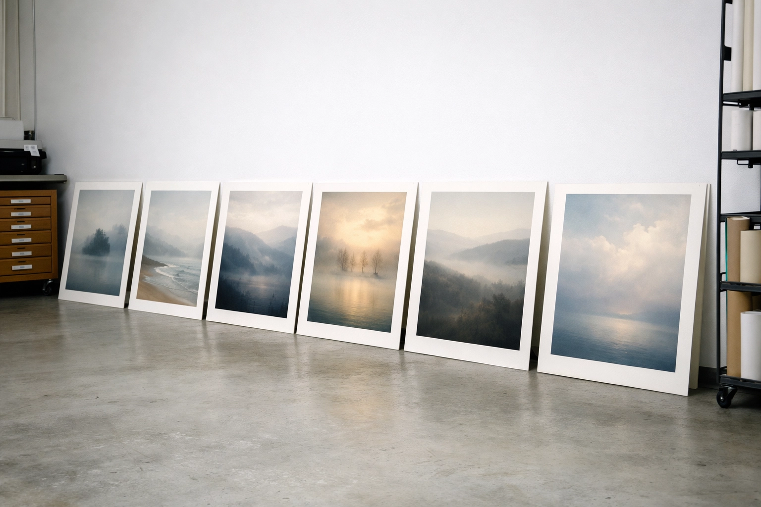 A cohesive collection of ethereal photography prints displayed in a professional studio.