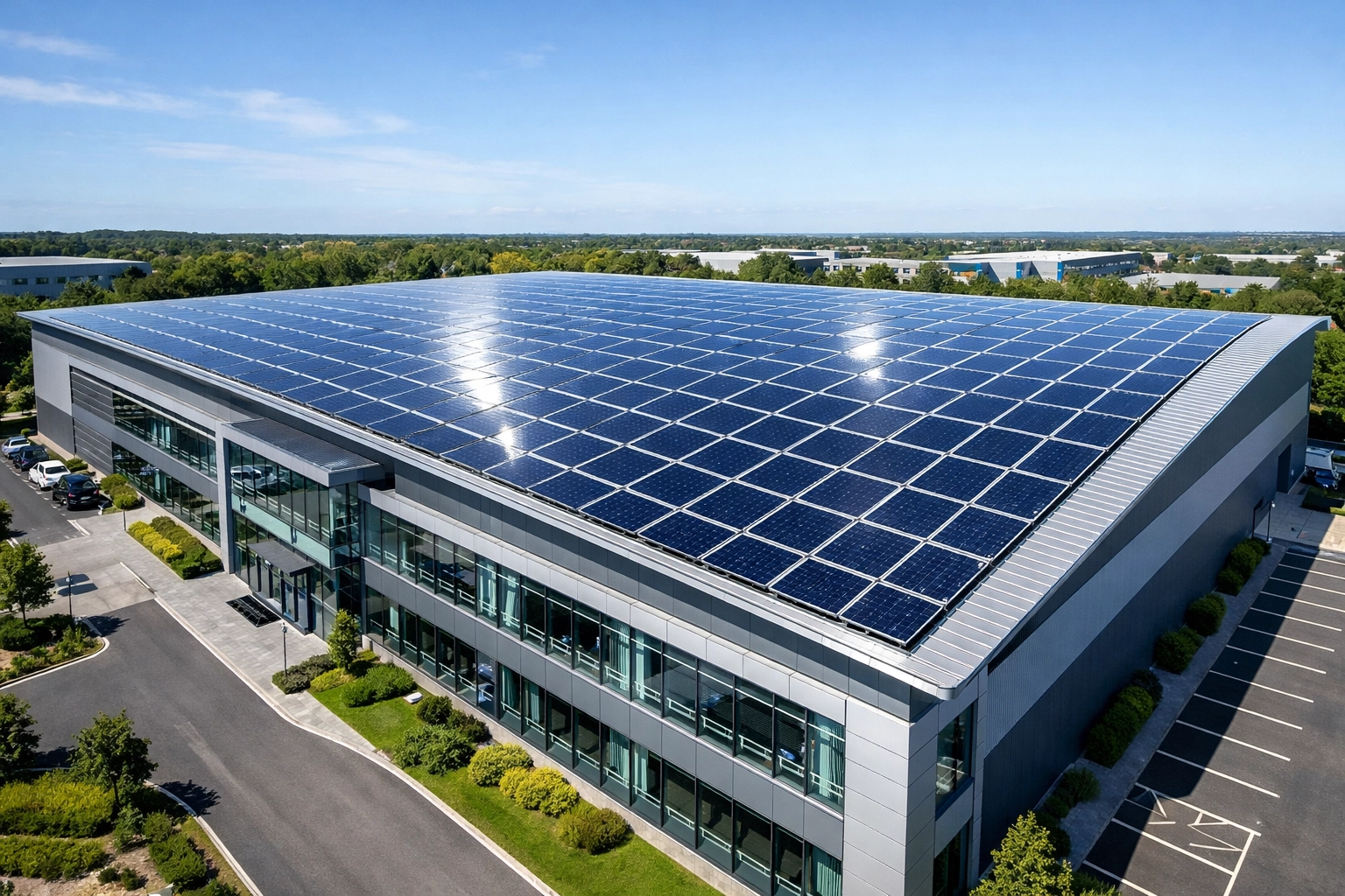 Commercial renewable energy installation with solar panels on a large business warehouse in Hampshire.