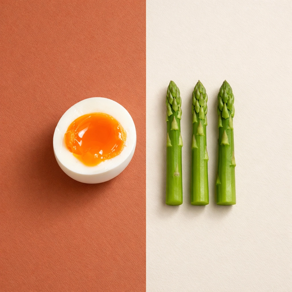 Soft-boiled egg and asparagus spears representing a high-protein savory breakfast for stable blood sugar.