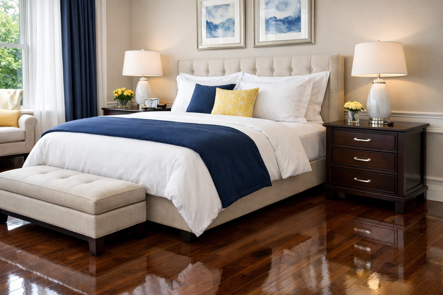 A deep-cleaned luxury bedroom in Quincy featuring polished hardwood floors and fresh linens.