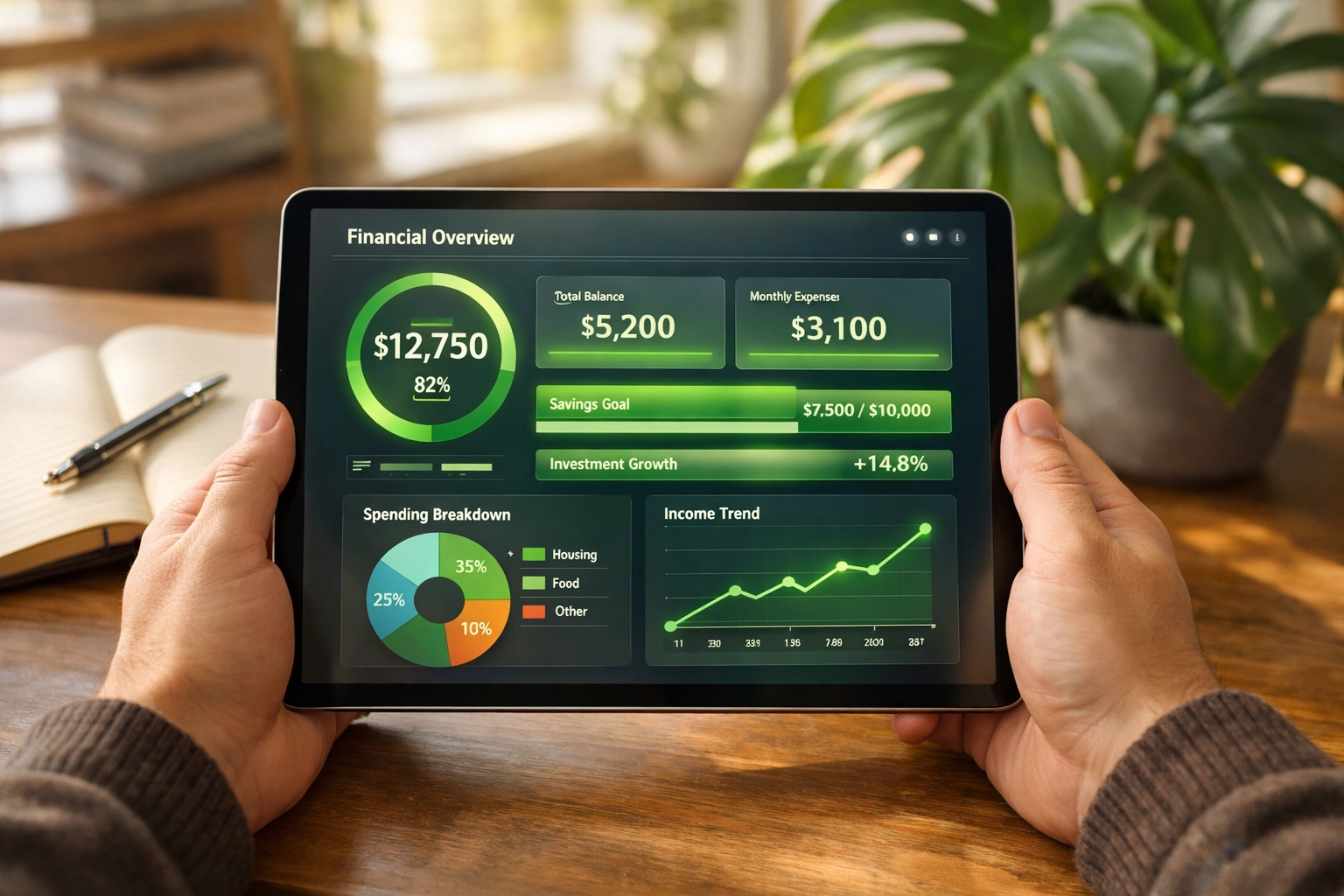 A person using a digital financial dashboard on a tablet to manage their personal monthly budget.