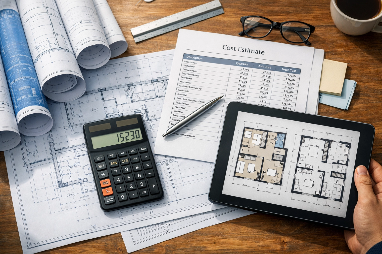 Construction blueprints and budget estimates for office buildout project planning