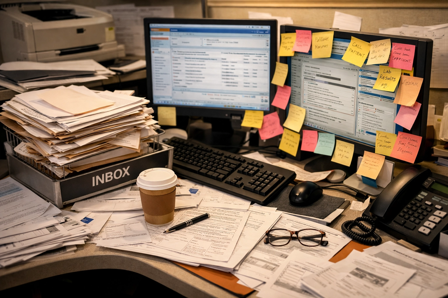 The Math of Burnout: How Stress Erodes Your Practice's Bottom Line Chaotic medical office workspace showing manual process inefficiency and system failures