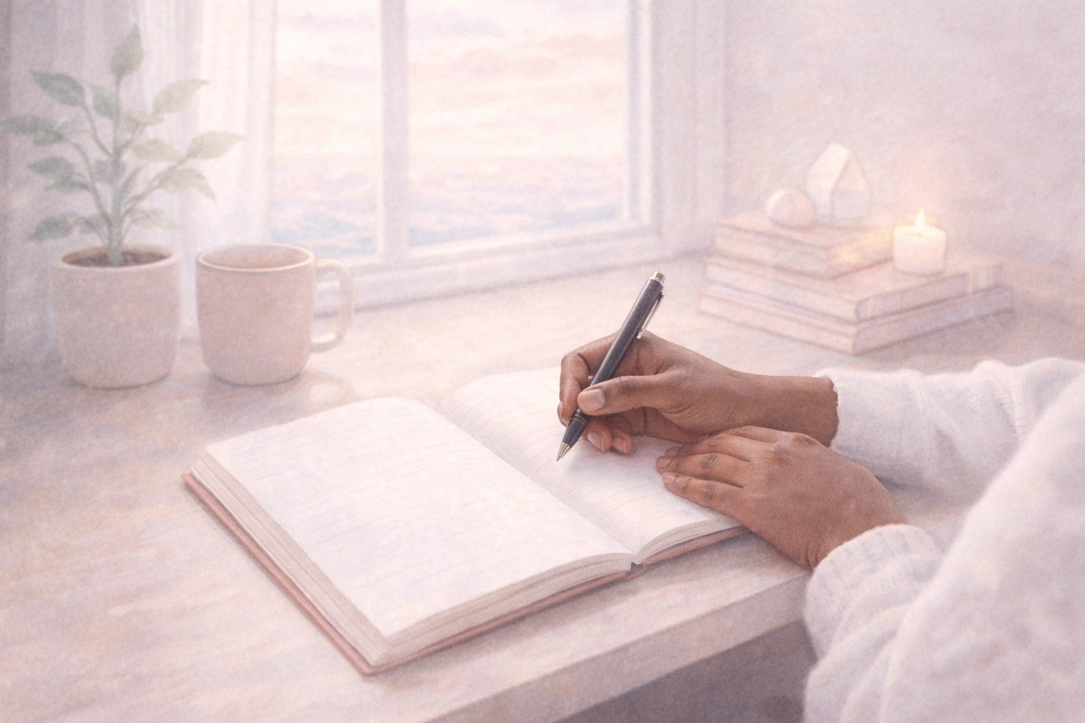 Faceless soulful photo of hands journaling in soft light, reflecting on people-pleasing patterns