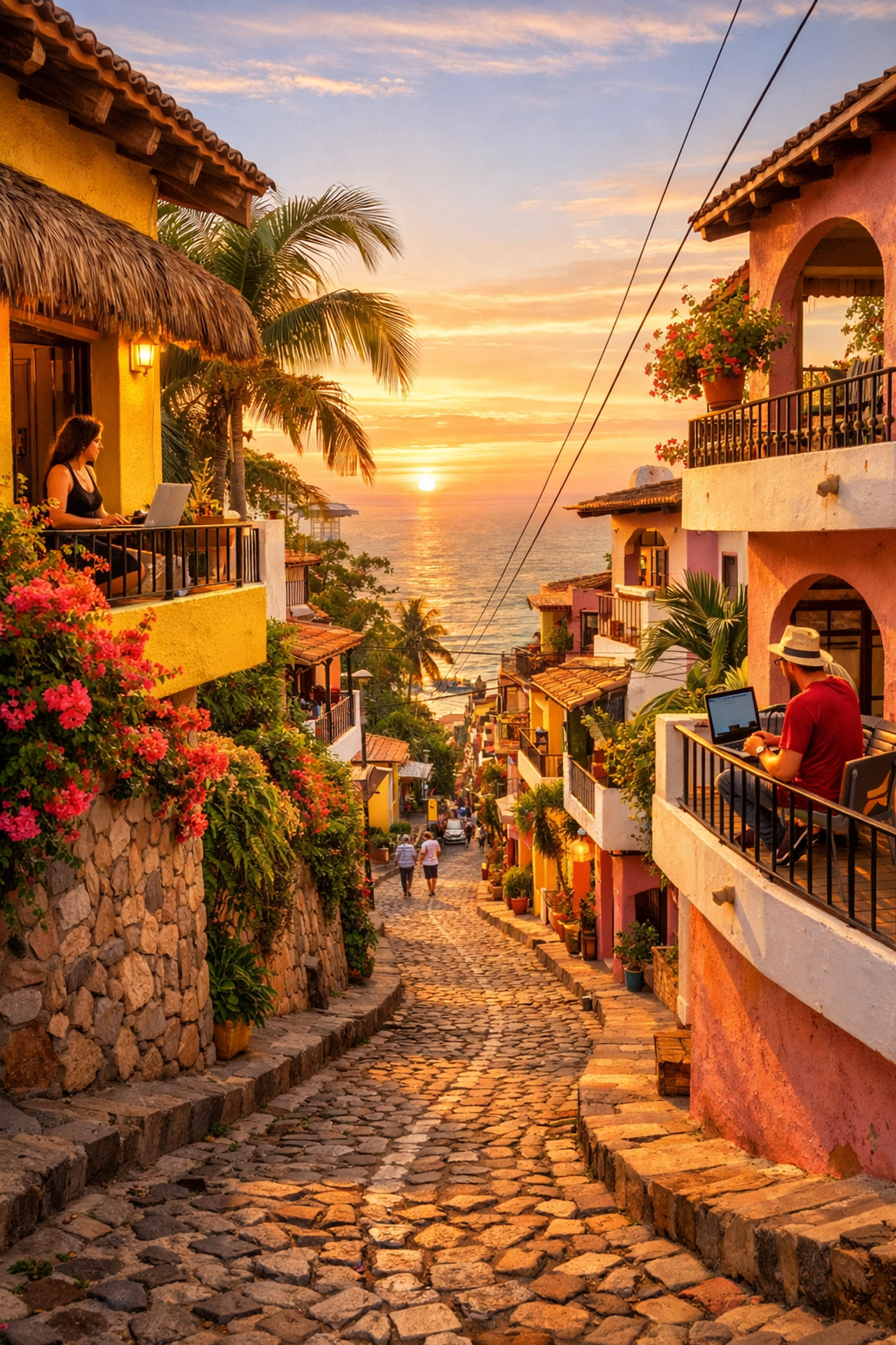 Colorful Amapas neighborhood street with Mexican architecture and hillside views Puerto Vallarta