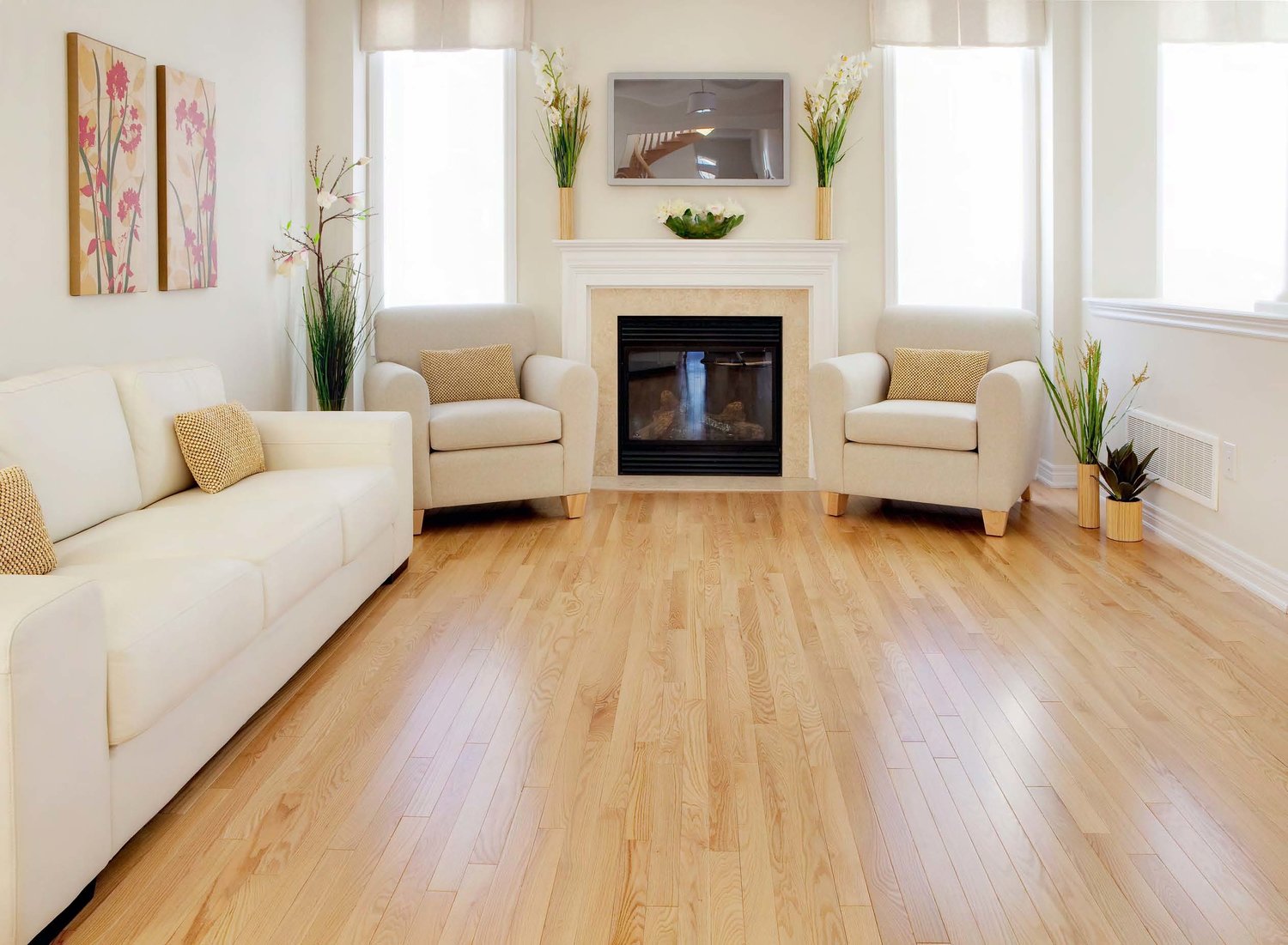 Natural finish solid hardwood floors in living room