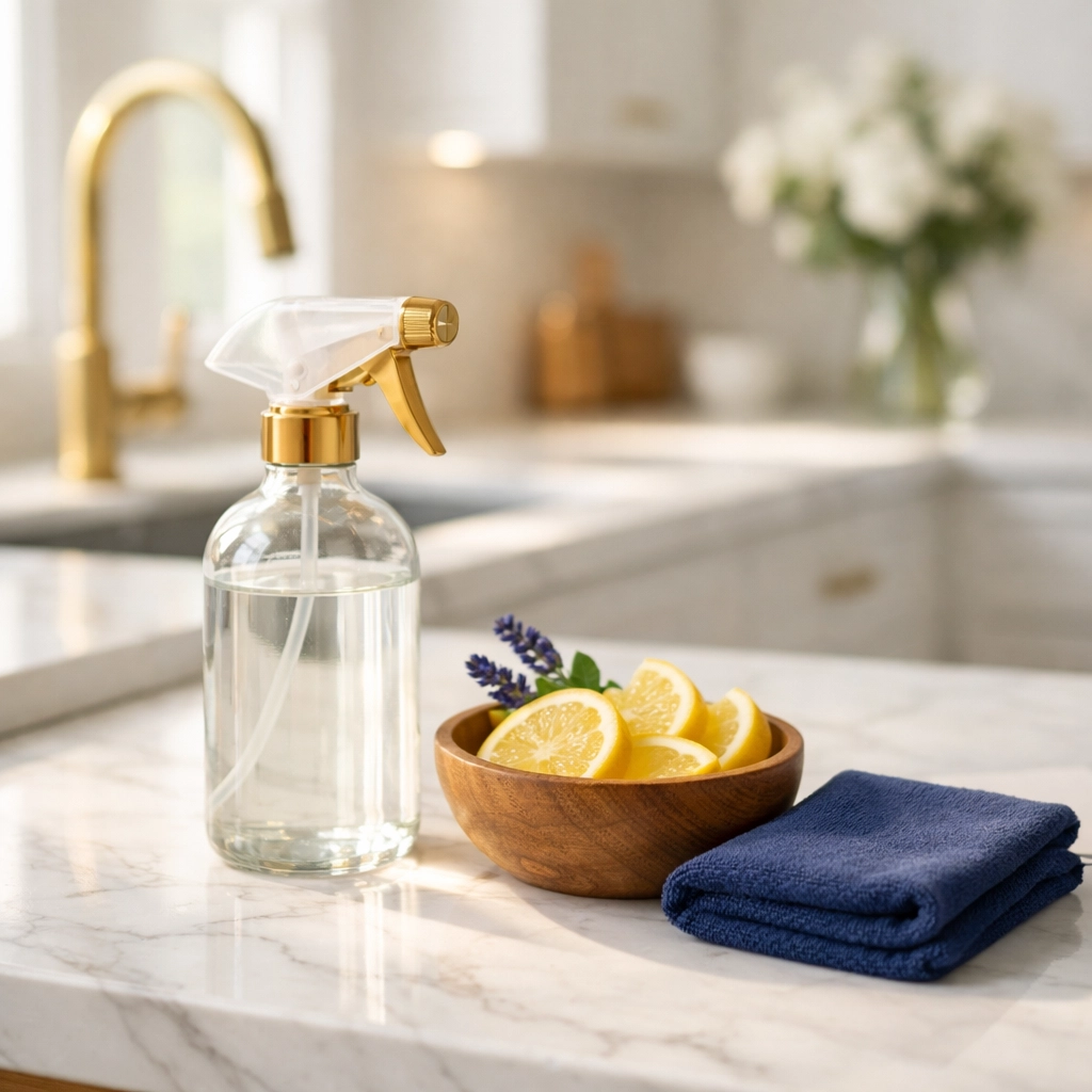 Natural vinegar cleaning spray with lemon and lavender on a white marble kitchen countertop