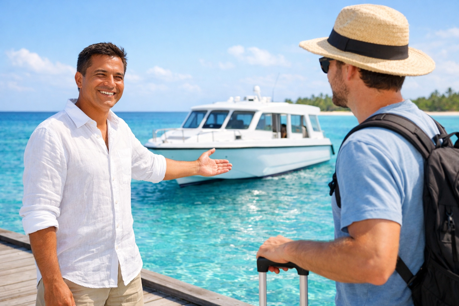 A travel concierge greeting a relaxed diver at a tropical pier for a seamless boat transfer.