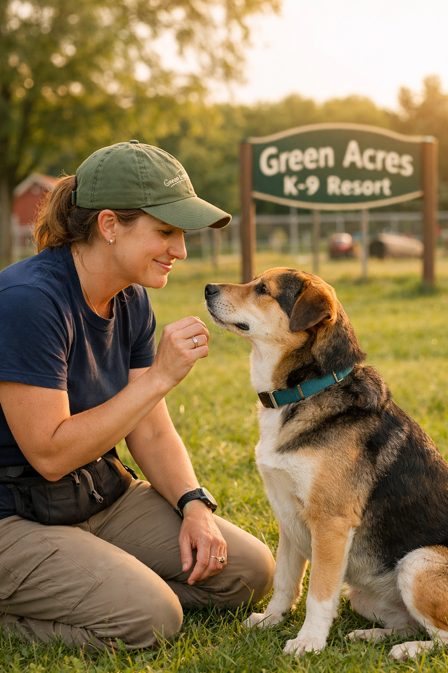 Professional dog trainer building trust with dog during outdoor training in Portland