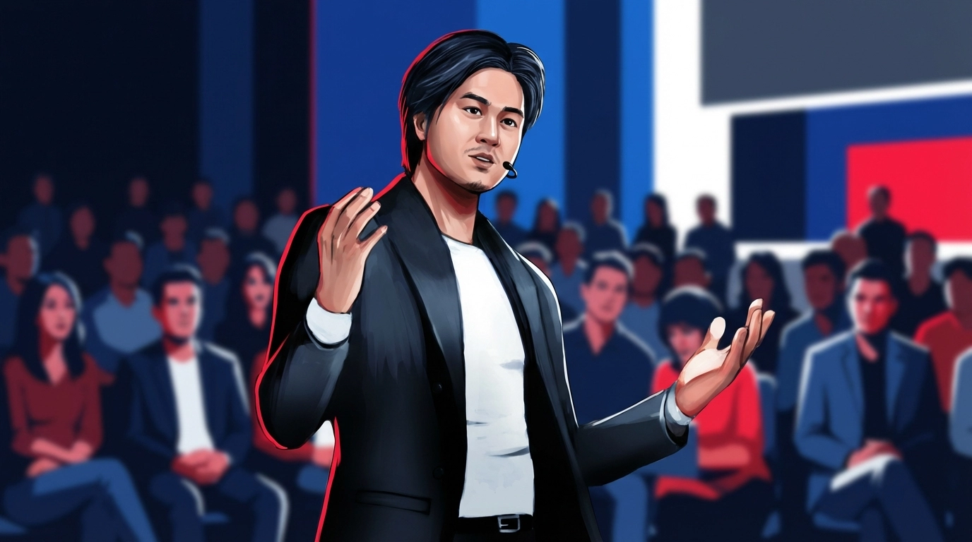 Image of Simon Leung confidently presenting to audience