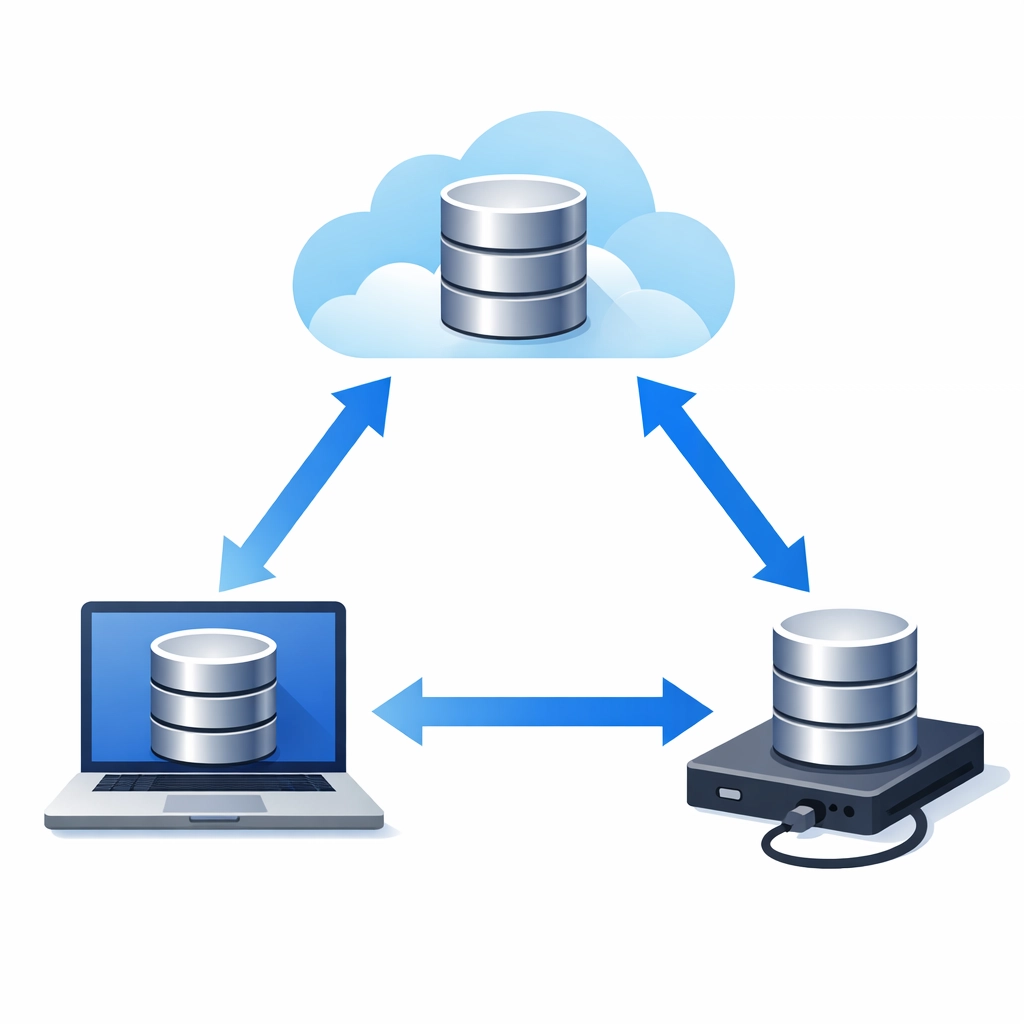 3-2-1 backup rule diagram showing data stored on laptop, external drive, and cloud
