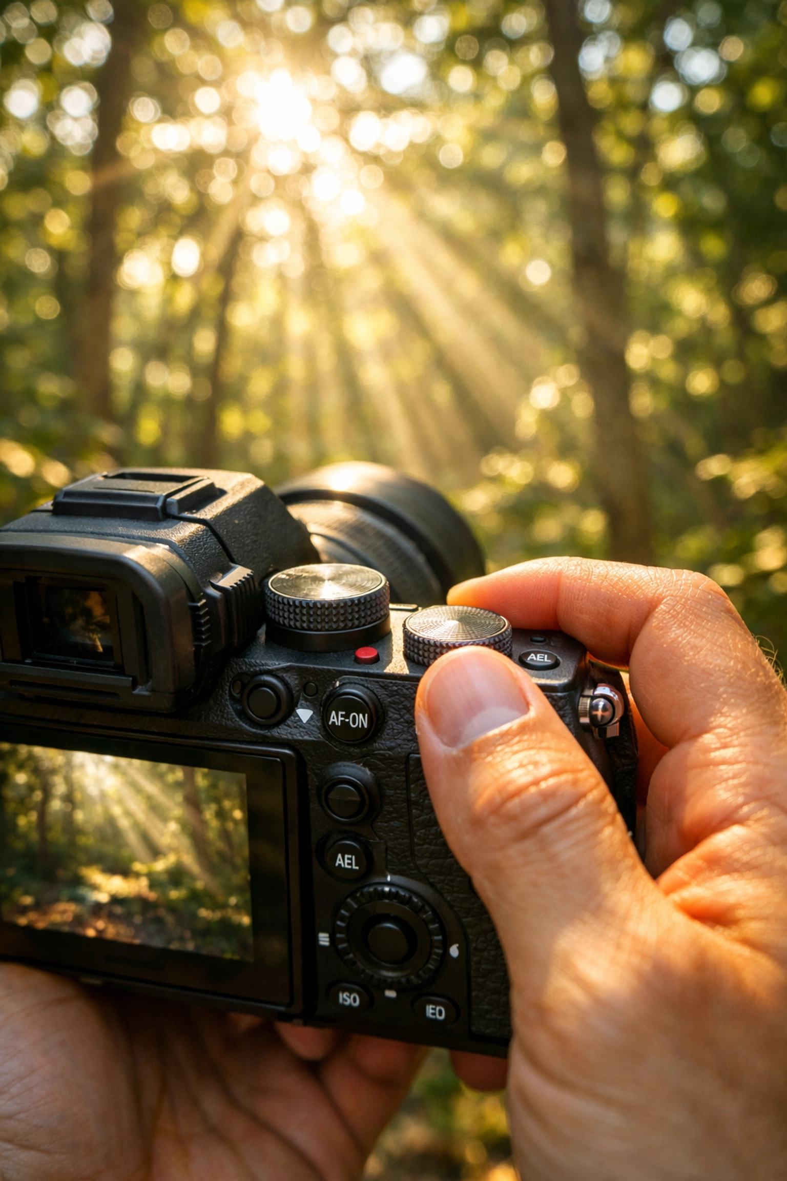 Photographer adjusting camera settings in a forest to avoid common manual mode mistakes while shooting.