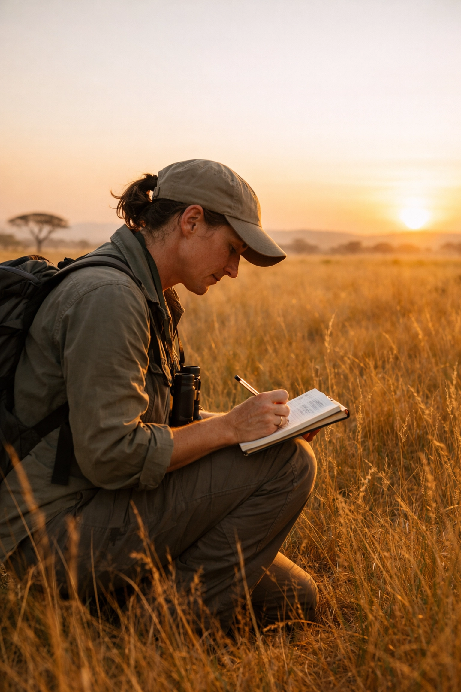 A conservation biologist recording data in the African savanna, showing the human element of wildlife protection.