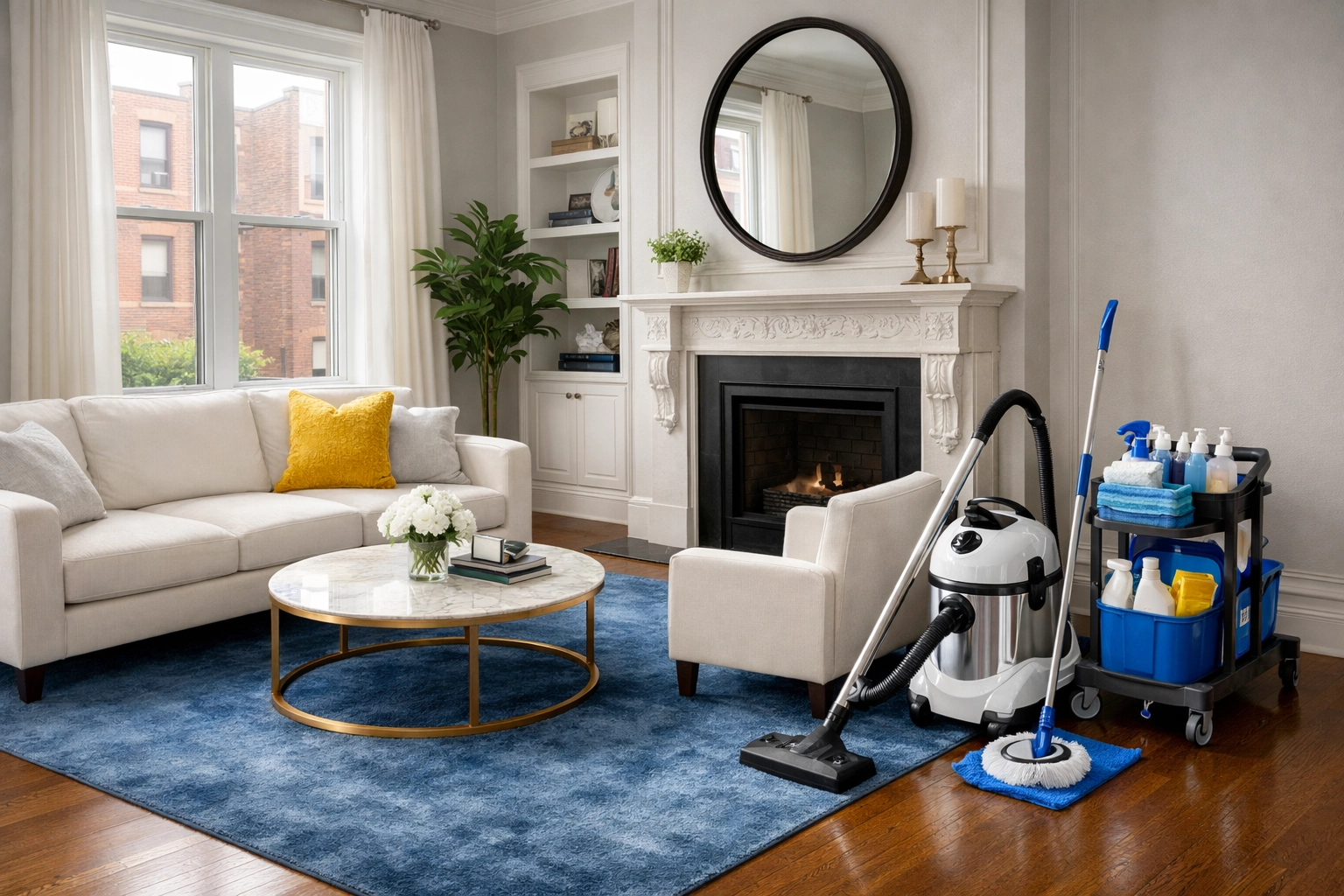A spotless Boston brownstone living room after a professional apartment cleaning turnover service.