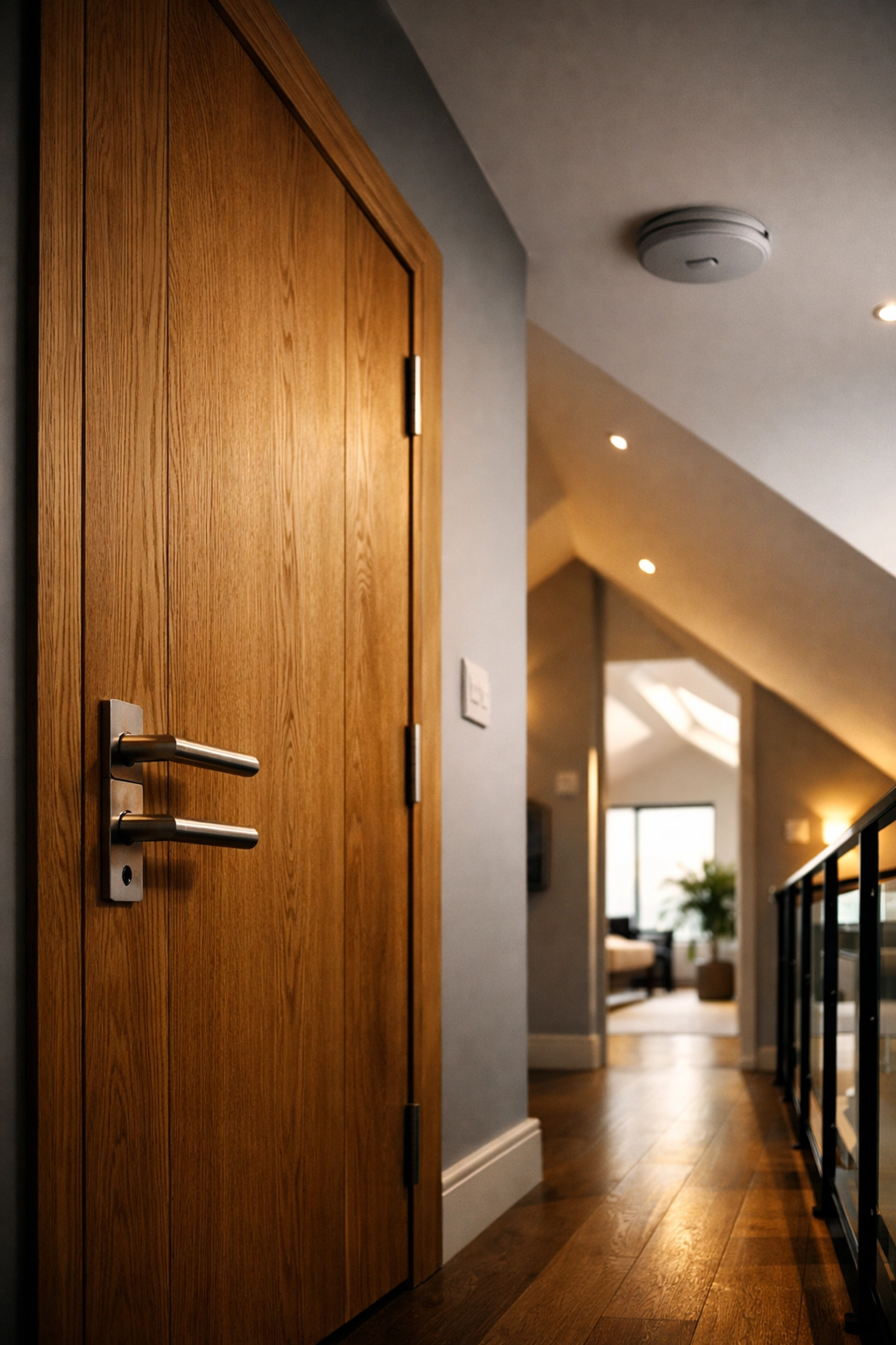 A fire-safe oak door and smoke alarm in a West Sussex loft conversion, ensuring building regulations compliance.