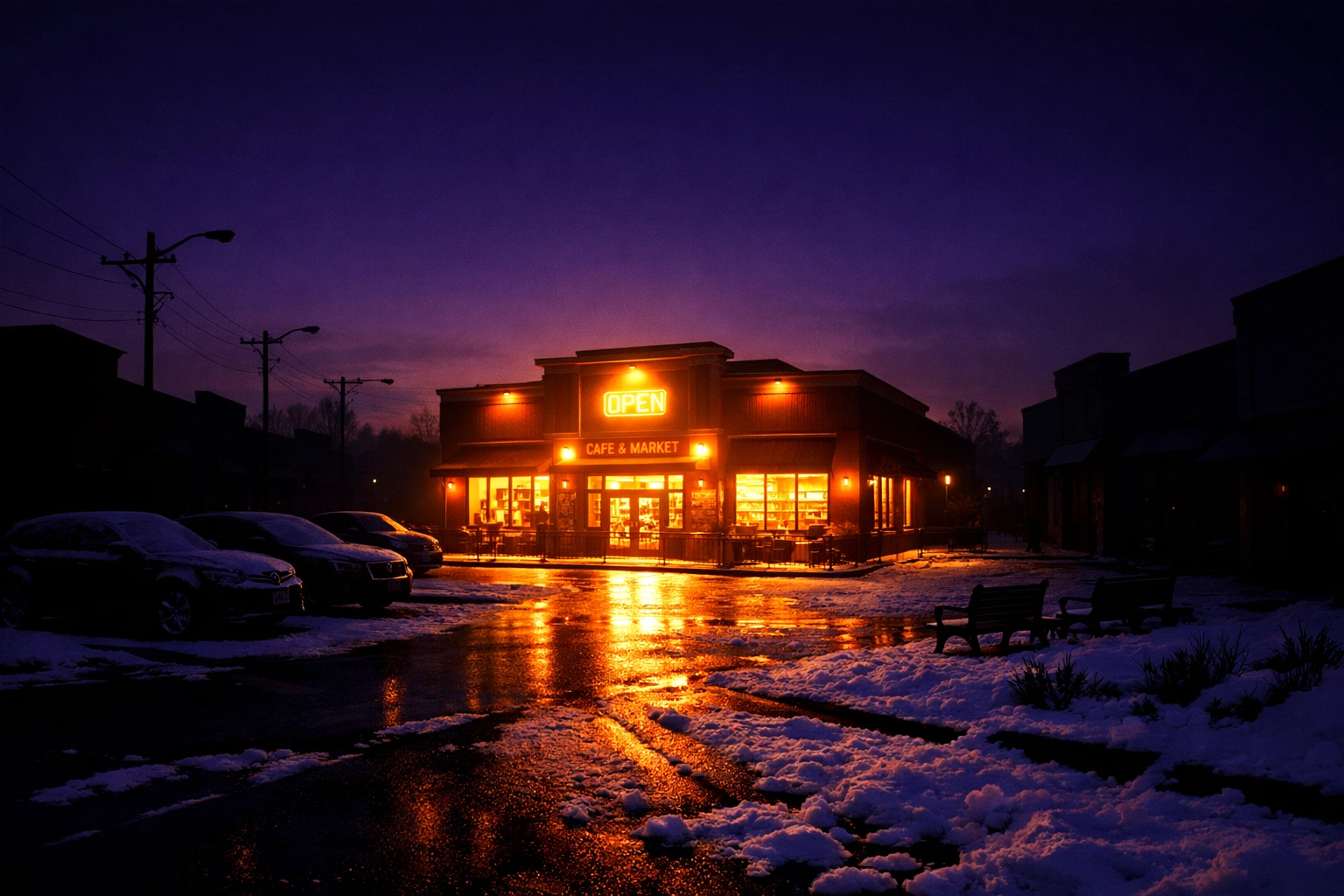 A bright commercial building powered by a backup generator during a city-wide power outage.
