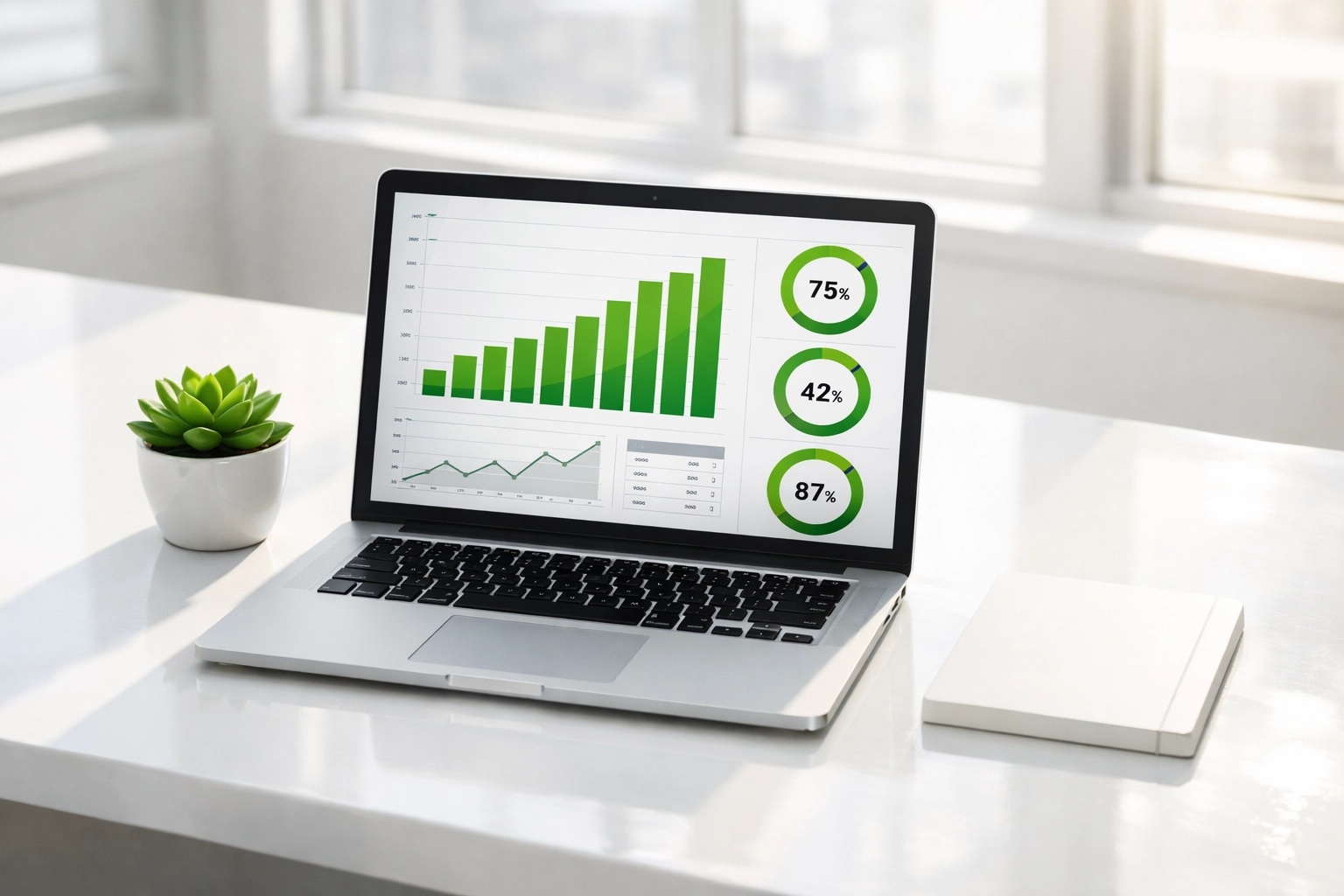 Laptop displaying a business website performance audit dashboard with analytics charts on a clean white desk.