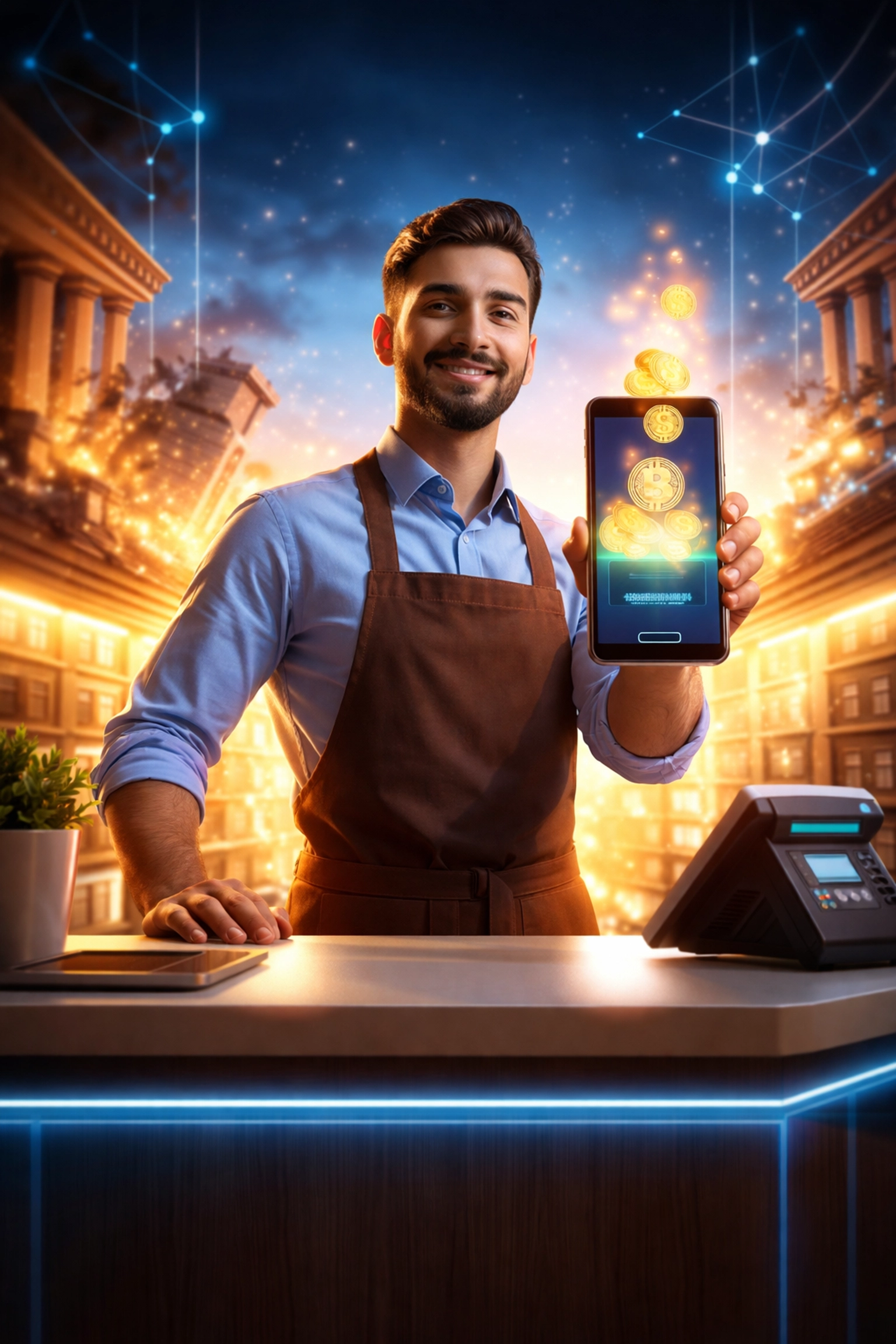 Small business owner accepting crypto payments, showing financial freedom and empowerment with Larecoin self-custody.